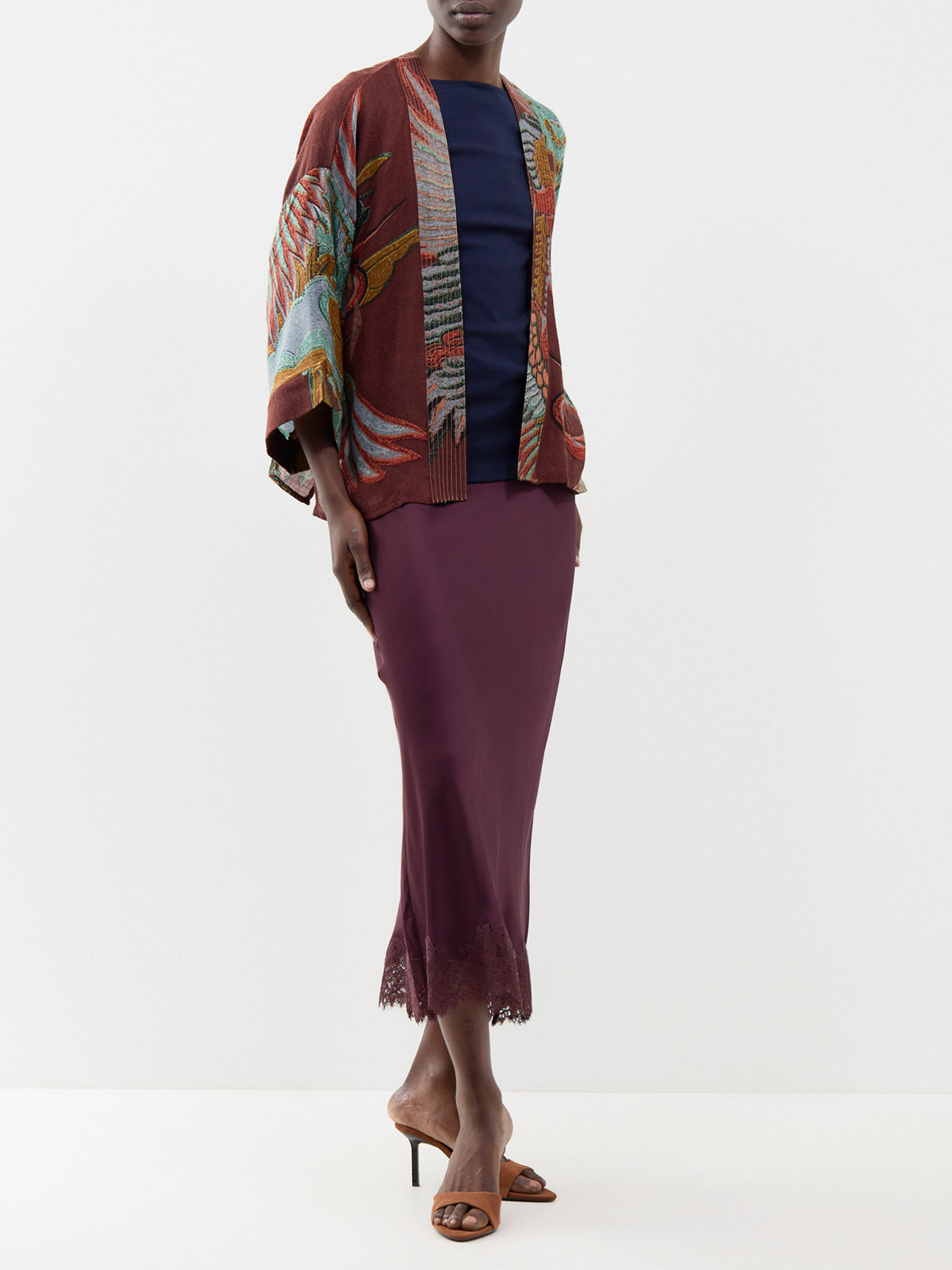 Crane Wool Short Kimono - Brown