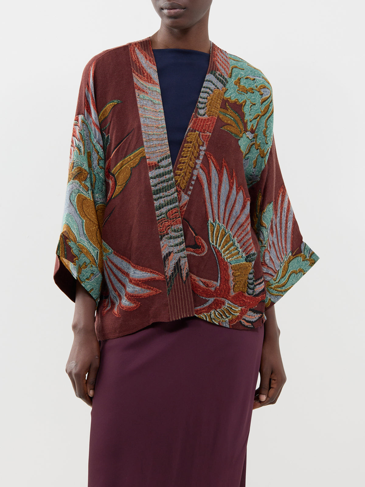 Crane Wool Short Kimono - Brown