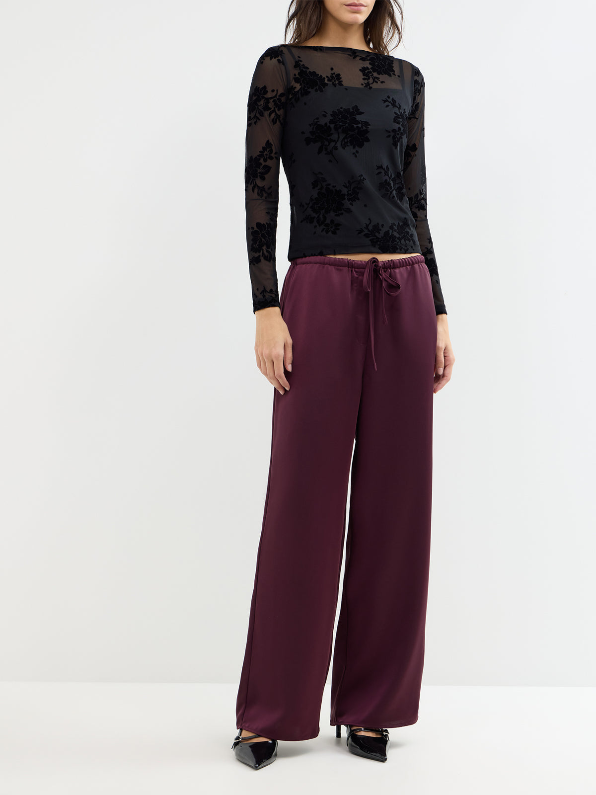 Slash Neck Devore Long Sleeve Top