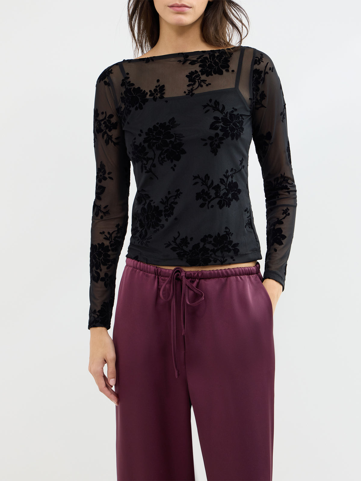 Slash Neck Devore Long Sleeve Top