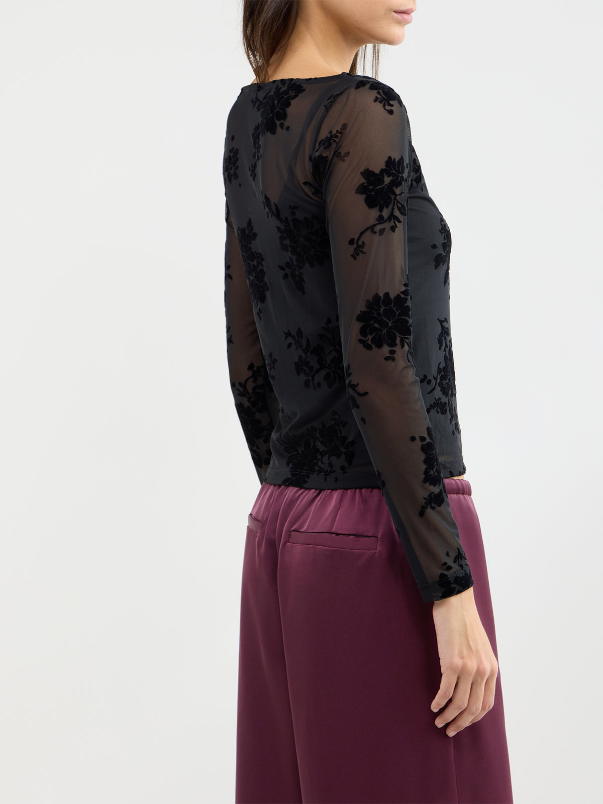 Slash Neck Devore Long Sleeve Top