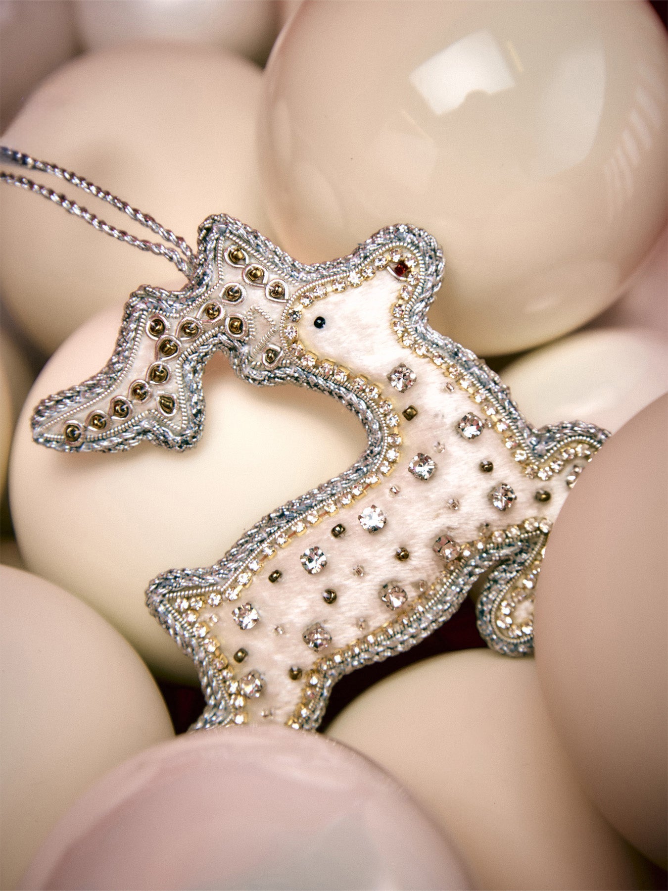 White Velvet Reindeer With Spotted Crystals Christmas Tree Hanging Decoration