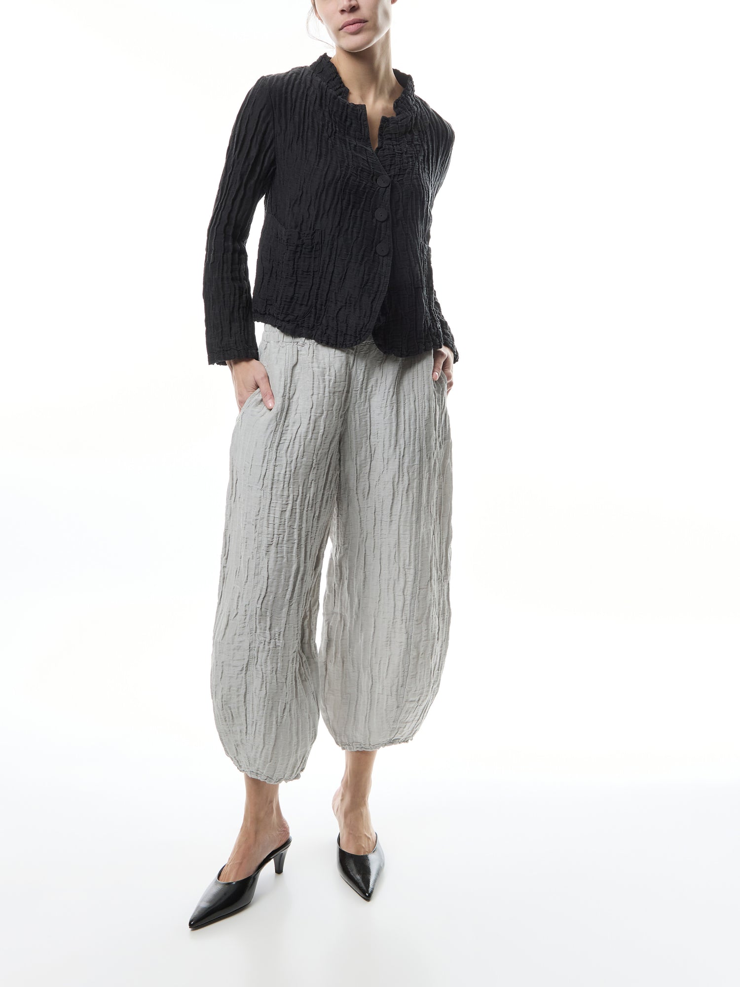 Taper Crinkled Cream Grey Silk Trousers