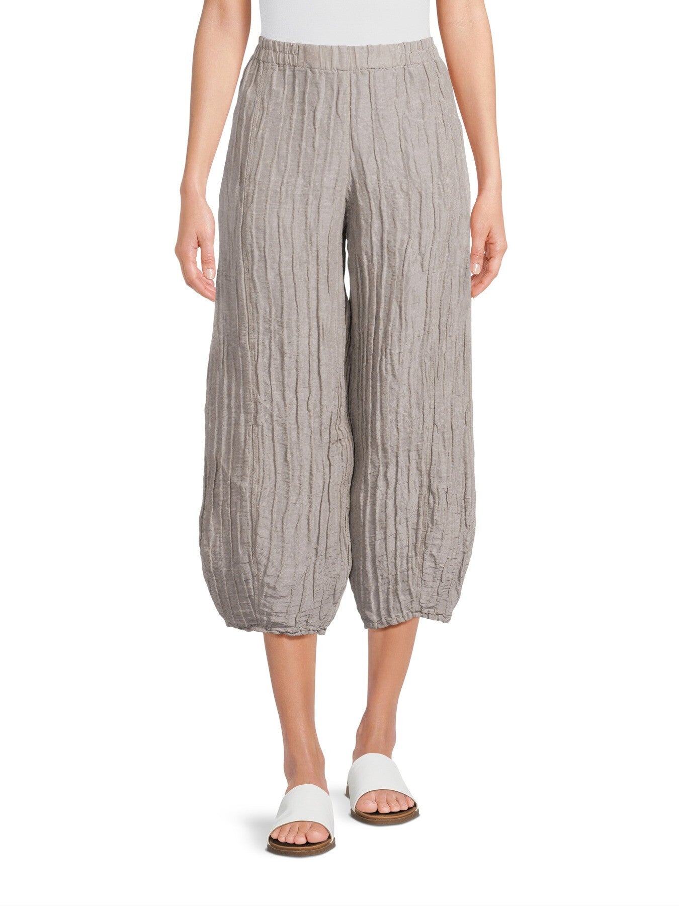 Taper Crinkled Cream Grey Silk Trousers