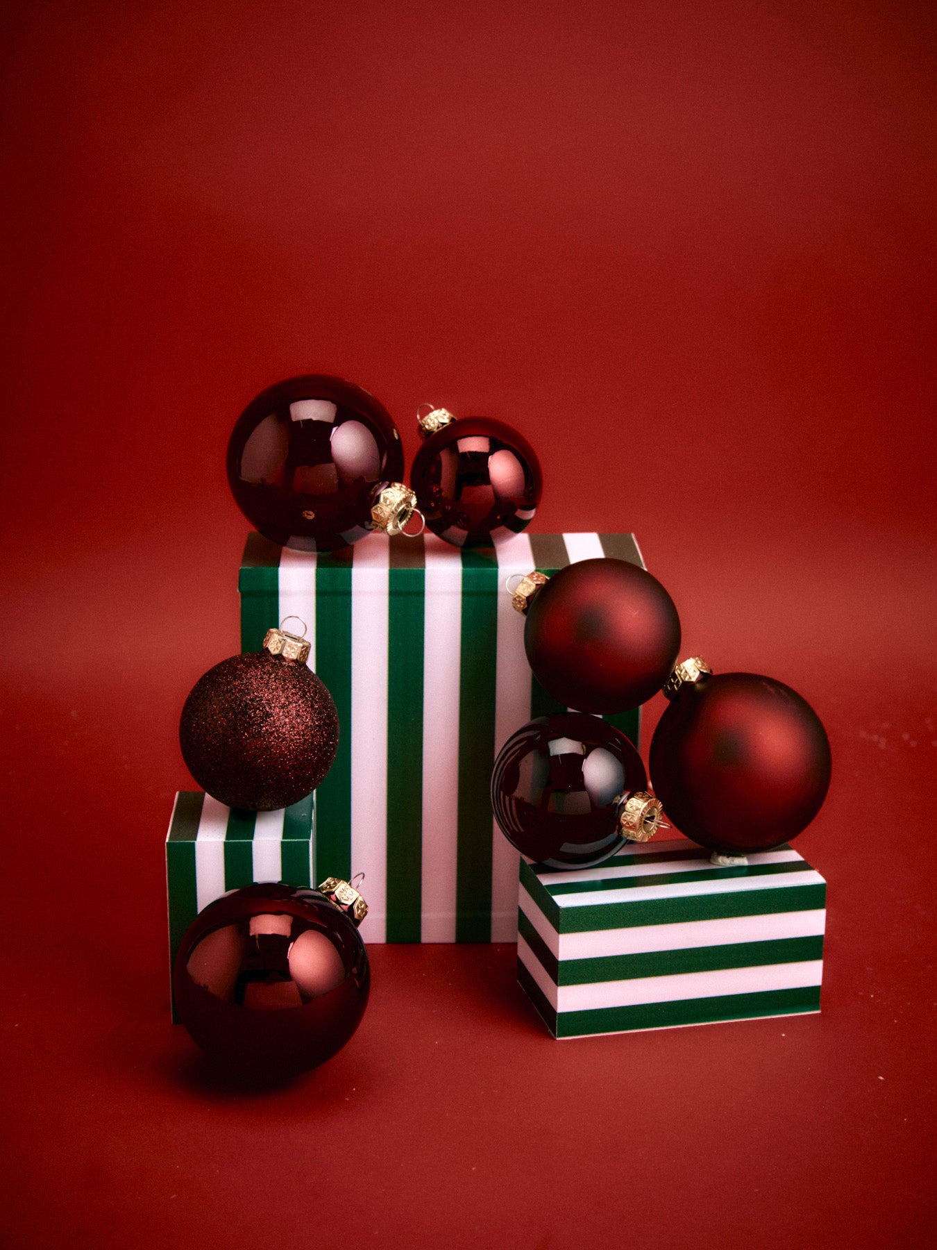 Oxblood Red Glitter Glass Baubles Pack of 42