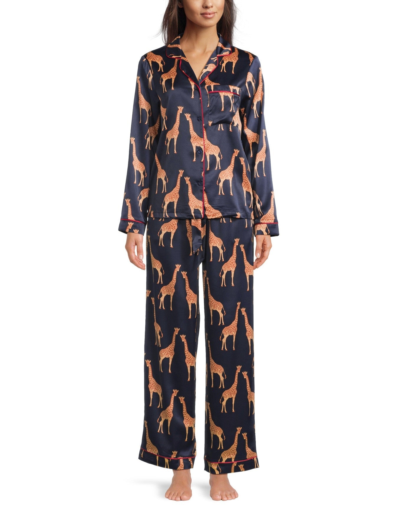Giraffe Print Satin Button Up Long Set