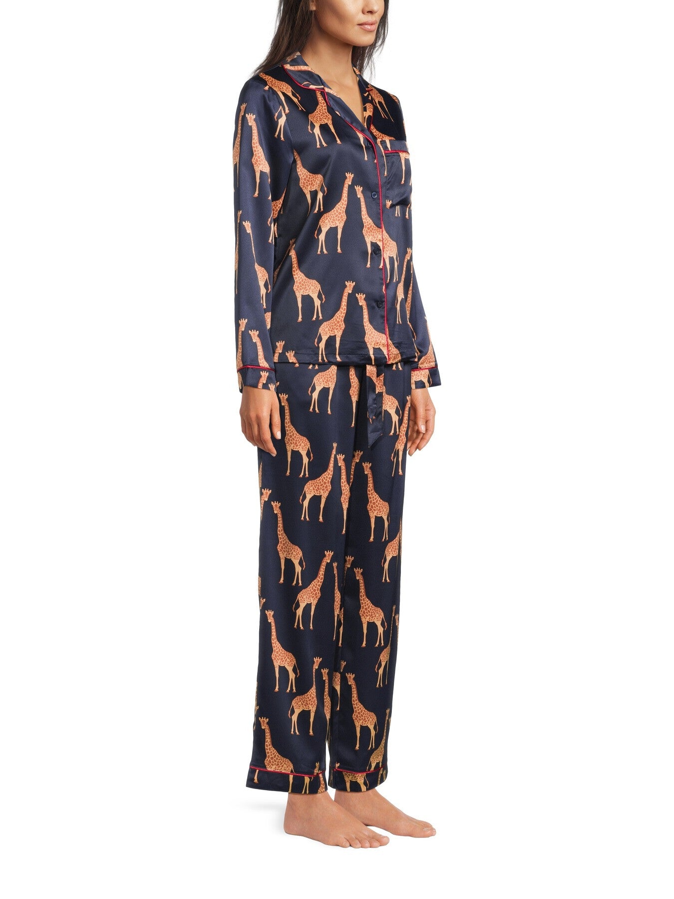 Giraffe Print Satin Button Up Long Set