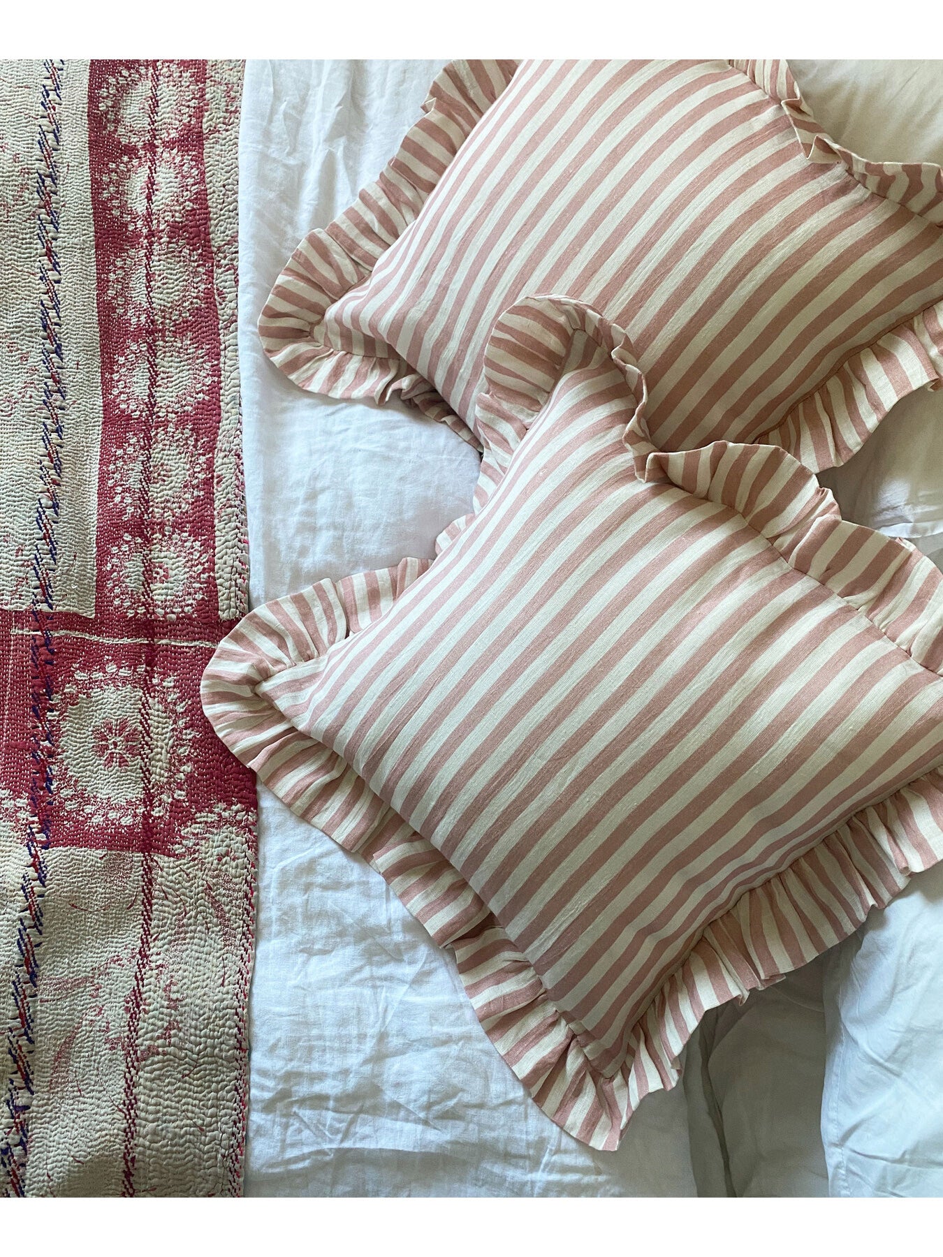 Thin Stripe Frilled FILLED Cushion