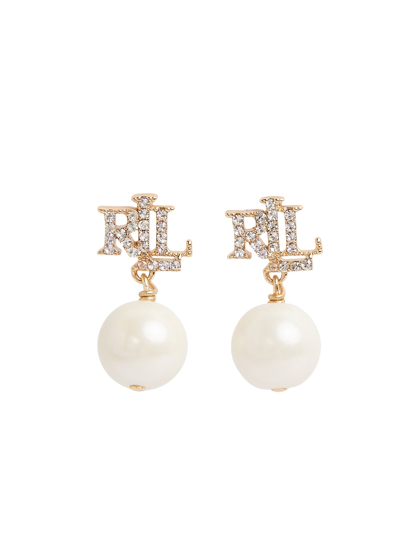 Lauren Ralph Lauren Gold Crystal Logo Pearl Drop Earrings