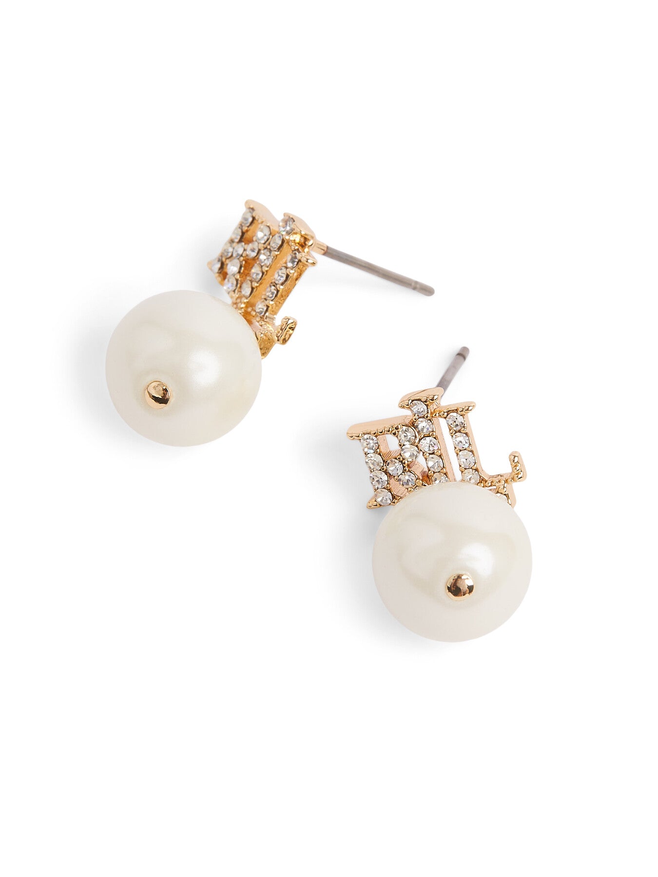Lauren Ralph Lauren Gold Crystal Logo Pearl Drop Earrings