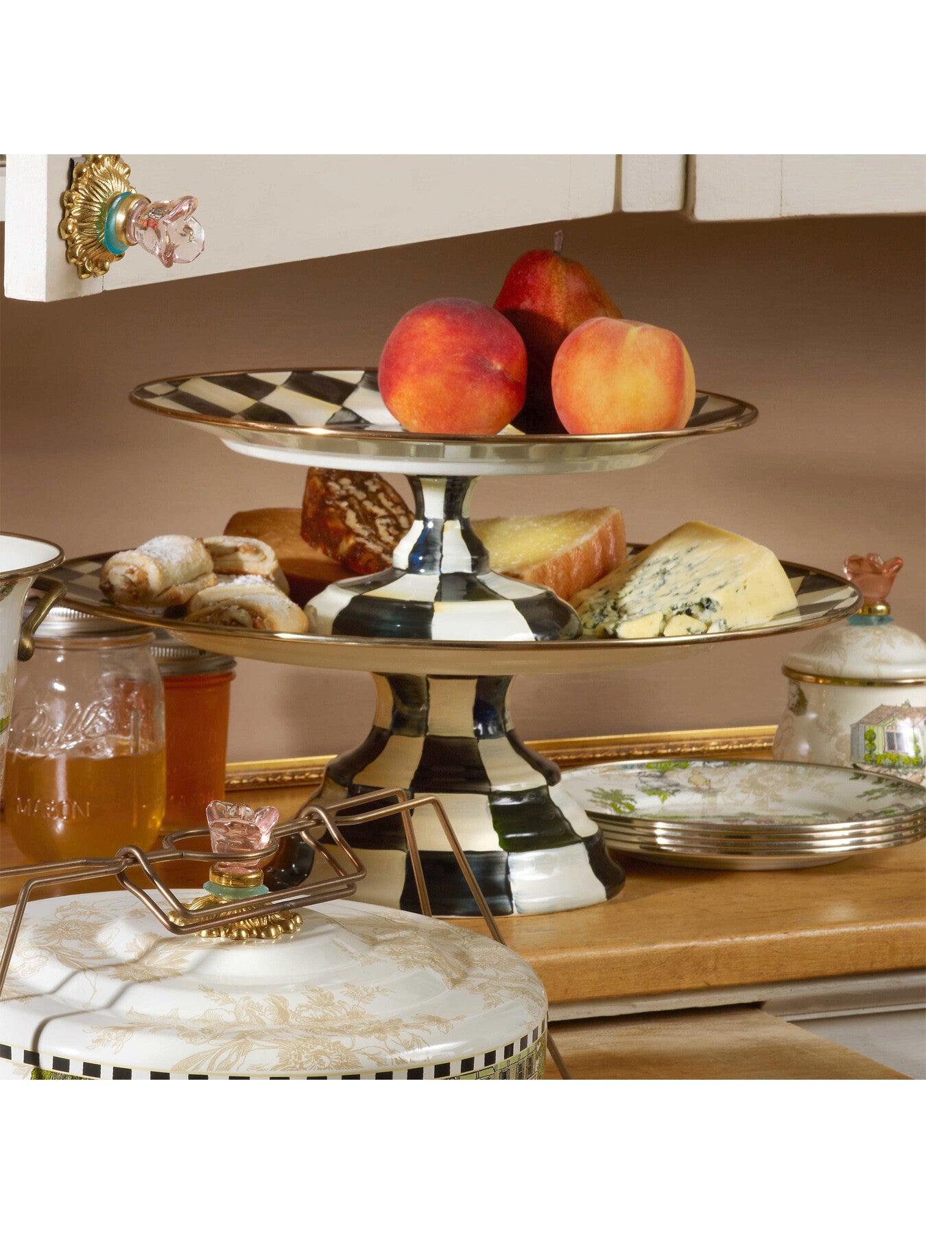 Courtly Check Enamel Pedestal Platter - Small