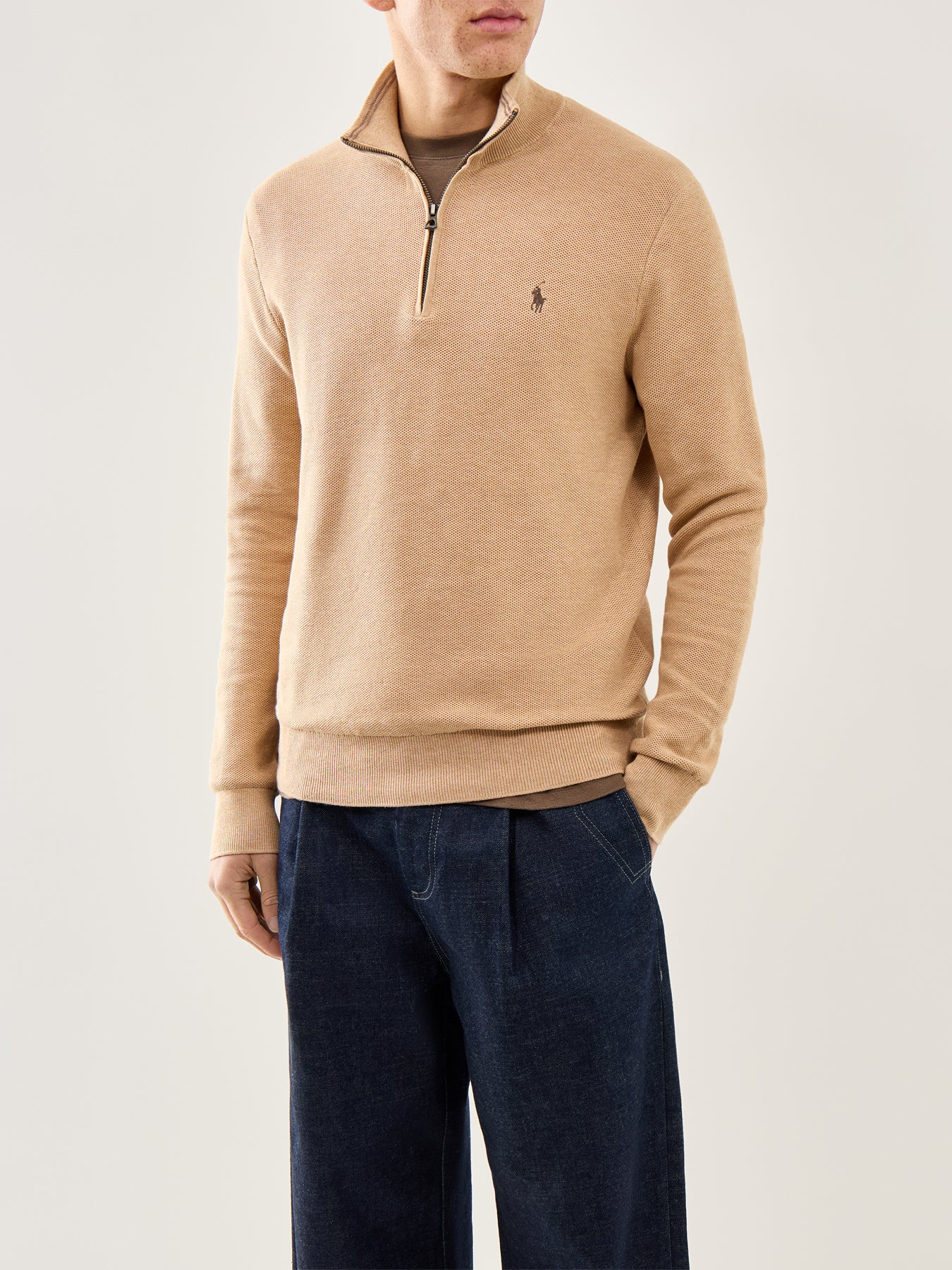 Pique Textured 1/4 Zip Knit Brown