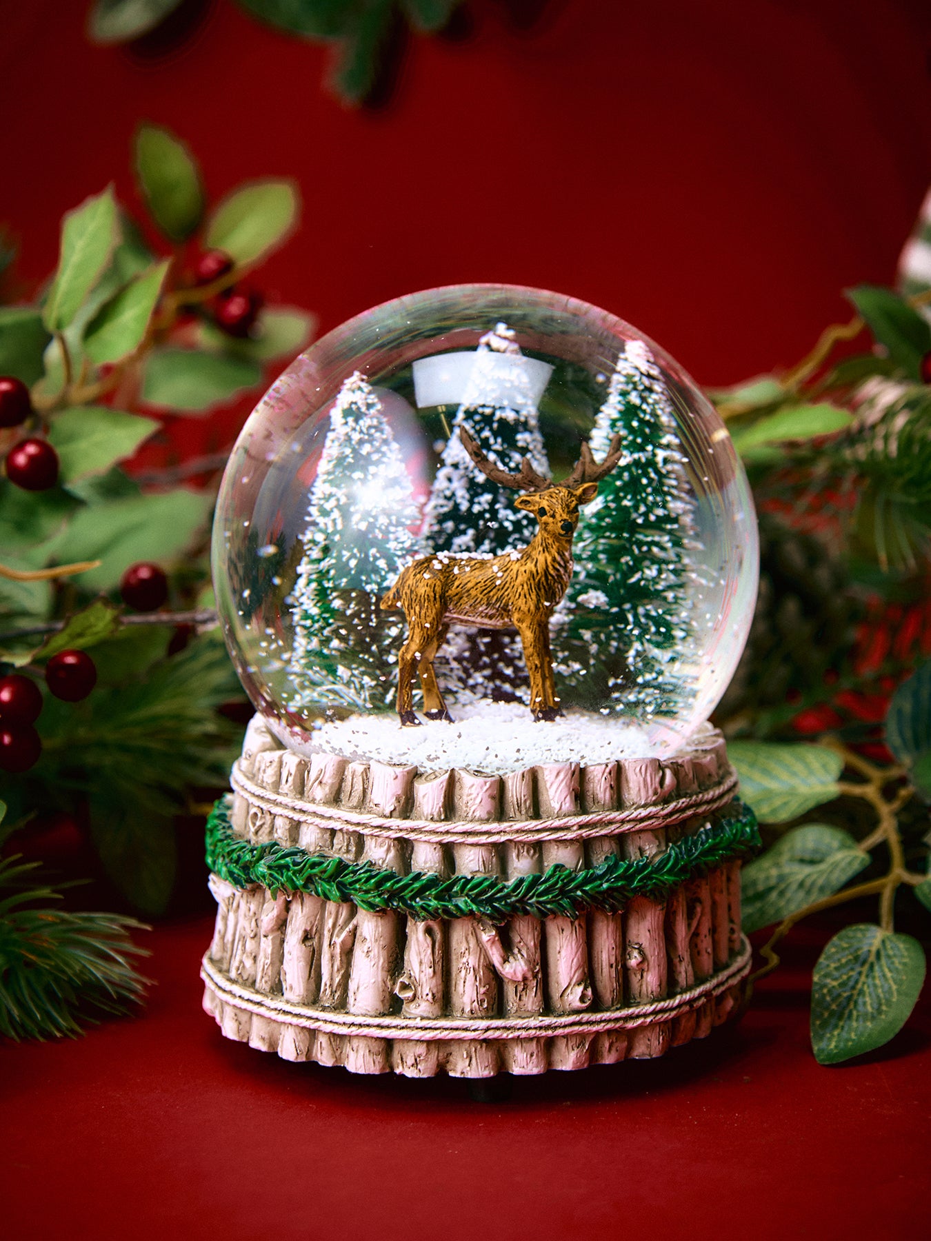 Christmas Music Snow Globe Stag In Pine Wood