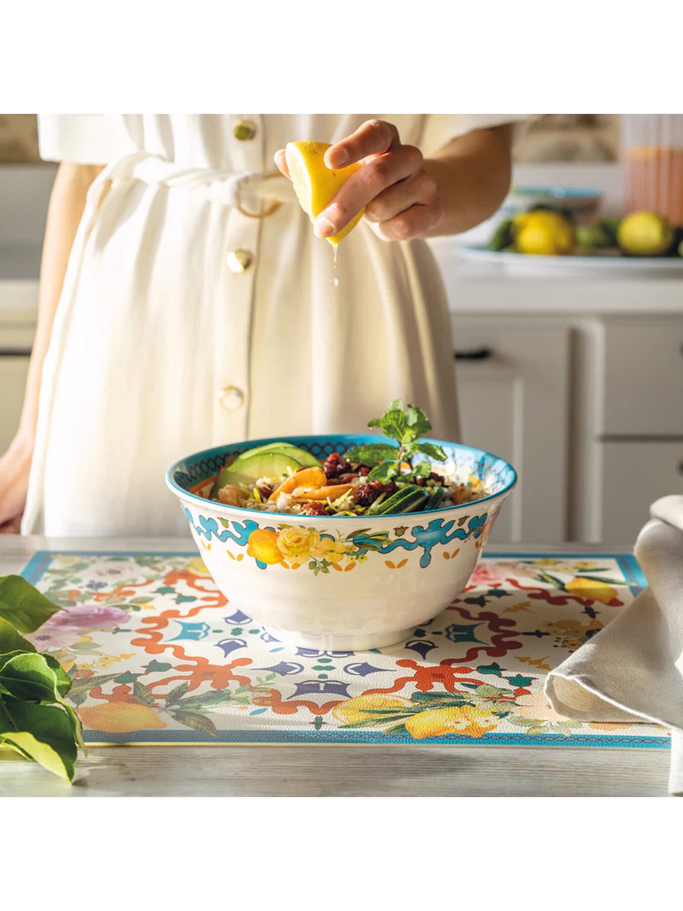 Flower and Lemon Large Serving Bowl
