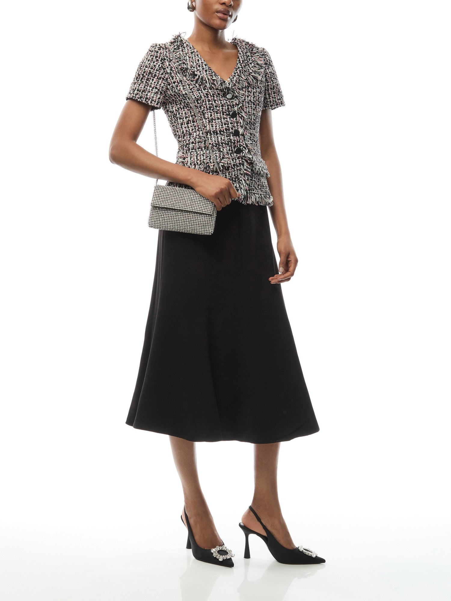 Black Boucle Fringed Midi Dress