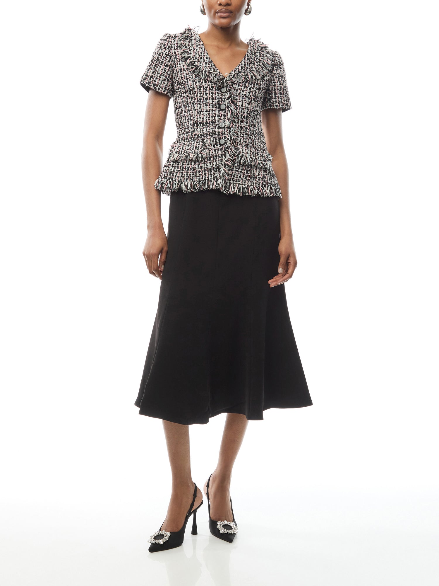 Black Boucle Fringed Midi Dress