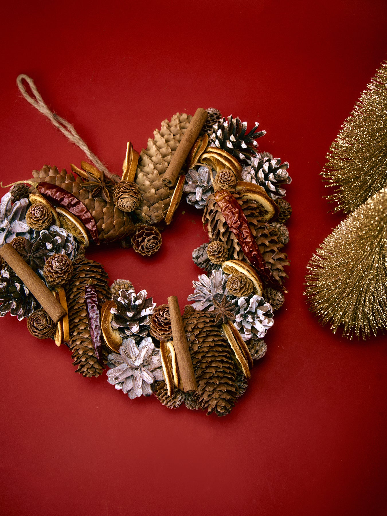 Cone And Orange Twig Heart Christmas Decoration 25cm