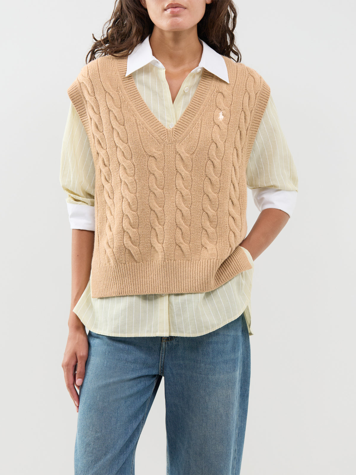 Polo Ralph Lauren Cable Knit V-Neck Vest Camel
