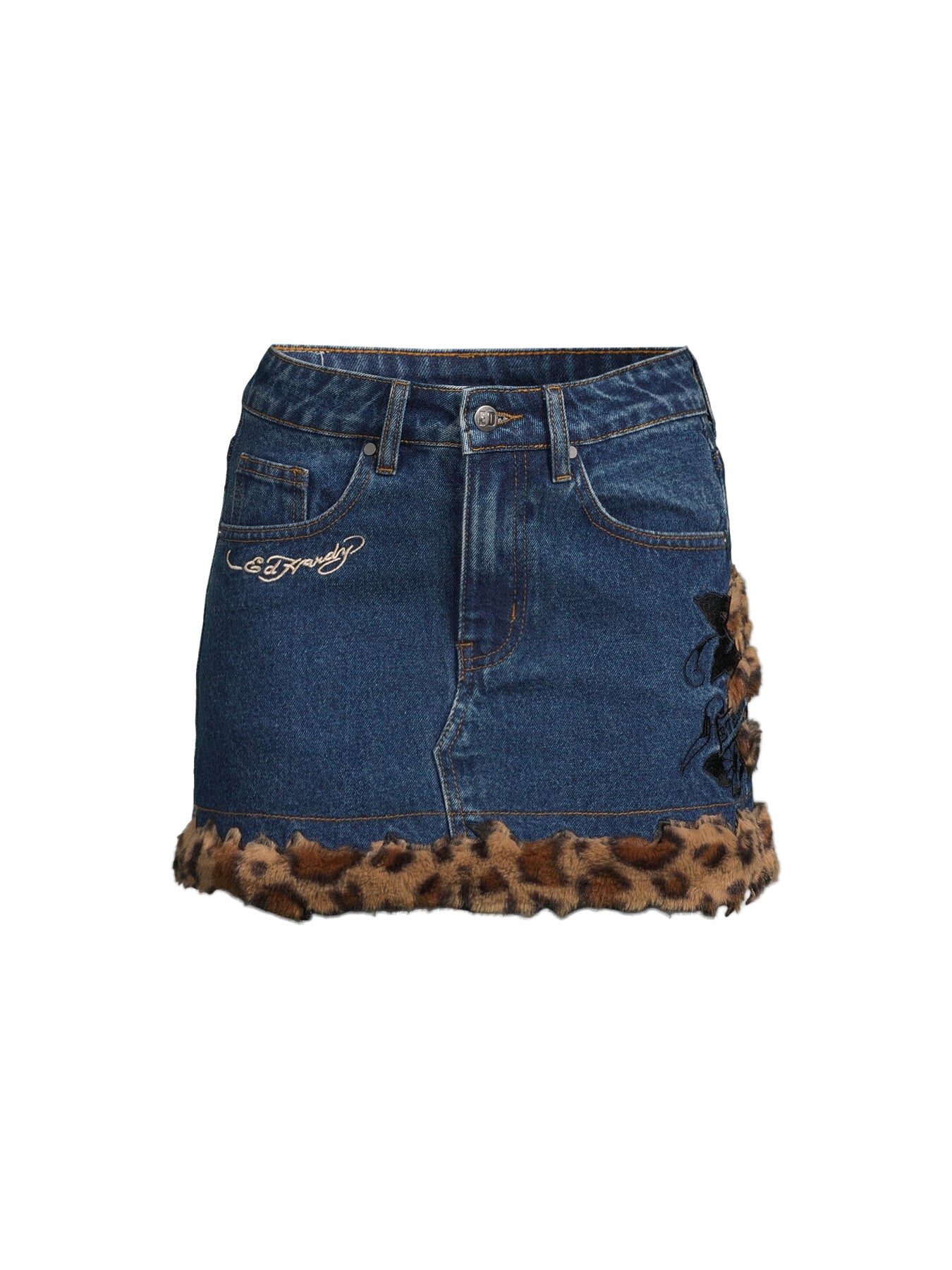 Leo Fur Trim Denim Mini Skirt