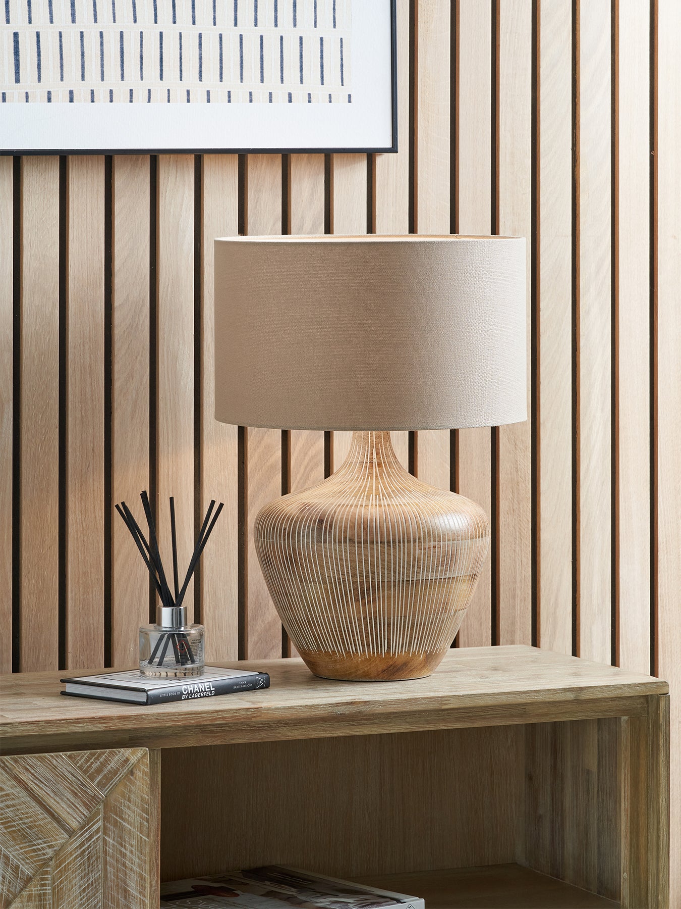 Textured Wood Table Lamp Base with Cylinder Shade Beige