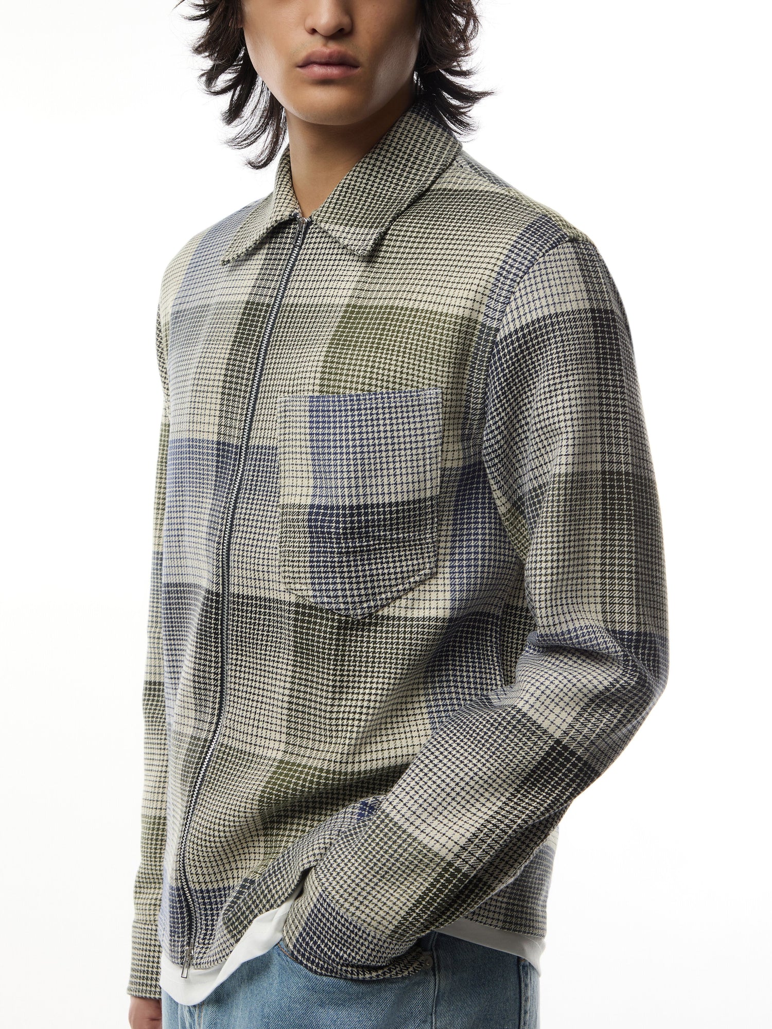 Double Face Check Cotton Zip Overshirt