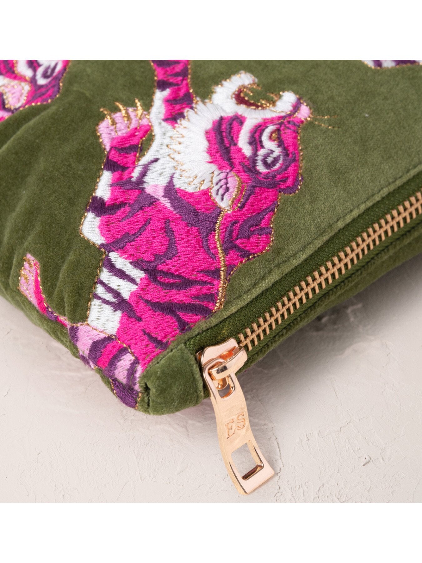 Velvet Travel Pouch, Wild Tiger Green | Elizabeth Scarlett – Fenwick