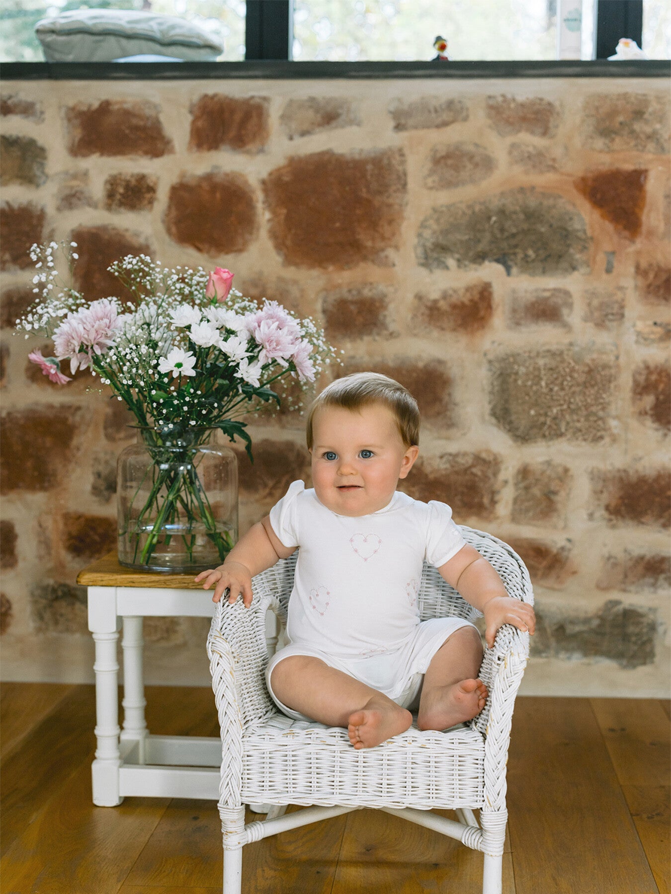 Jody White Girls Heart Embroidery Romper