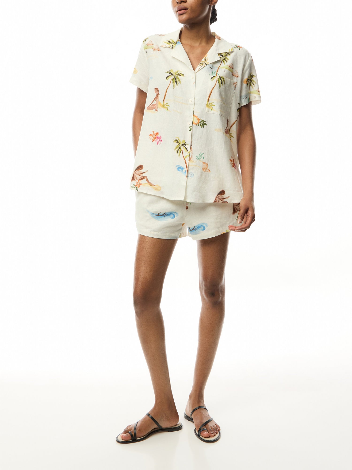 Longline Short Sleeve Shirt Beige Print Shirt