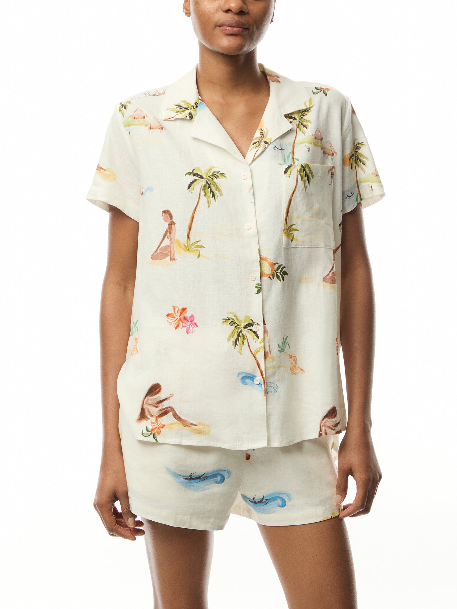 Longline Short Sleeve Shirt Beige Print Shirt