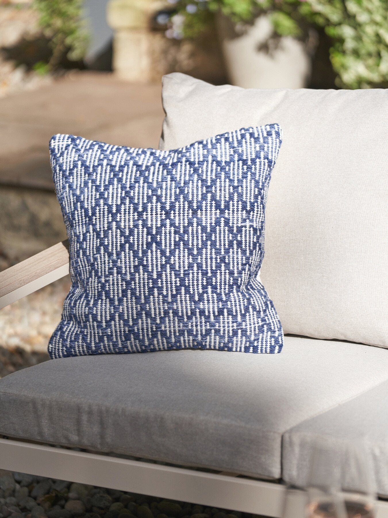 Indoor Outdoor Denim Blue and White Ikat Design Scatter Cushion 45cm