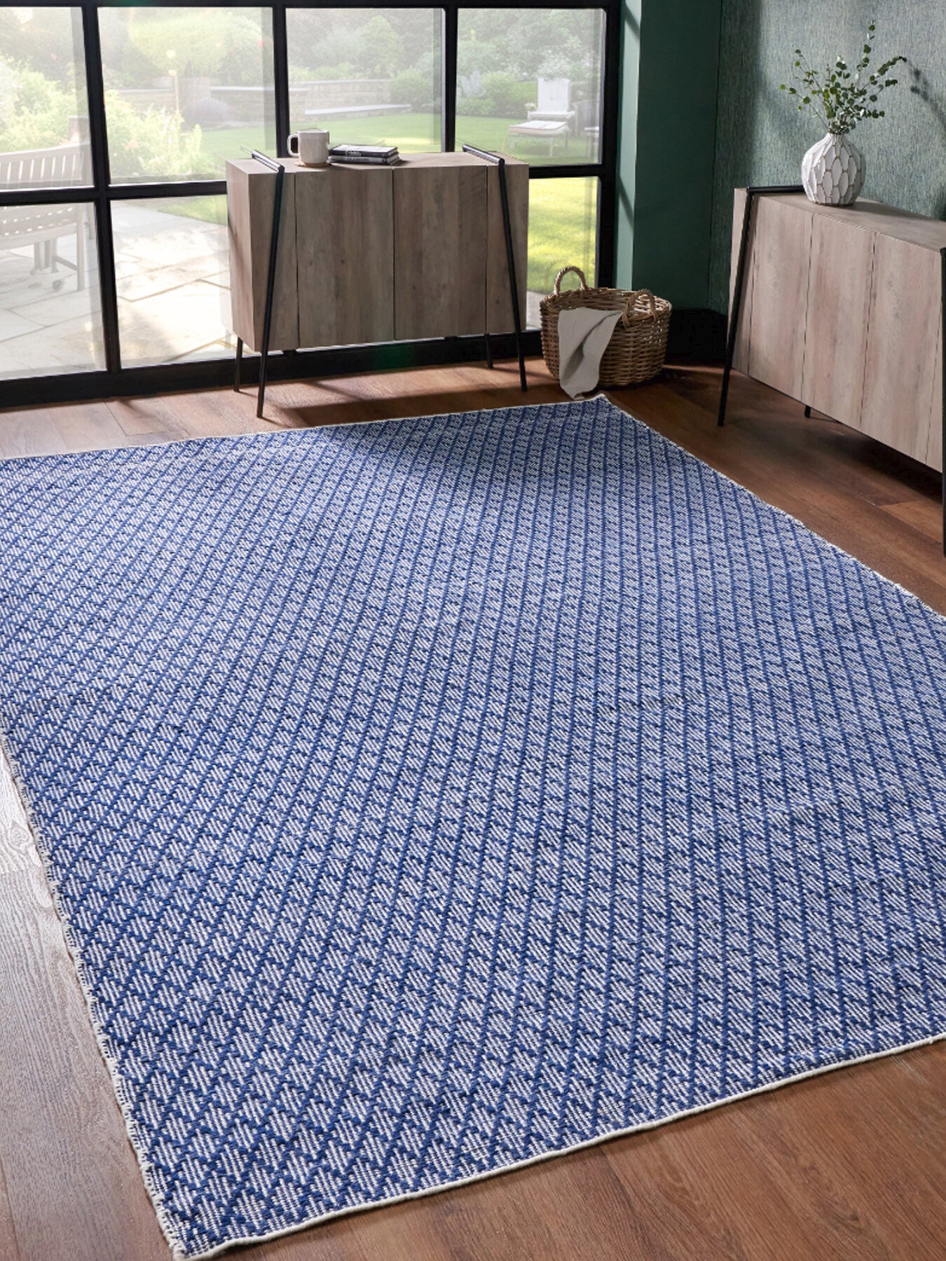 Indoor Outdoor Denim Blue and White Ikat Design Rug 230cm x 160cm