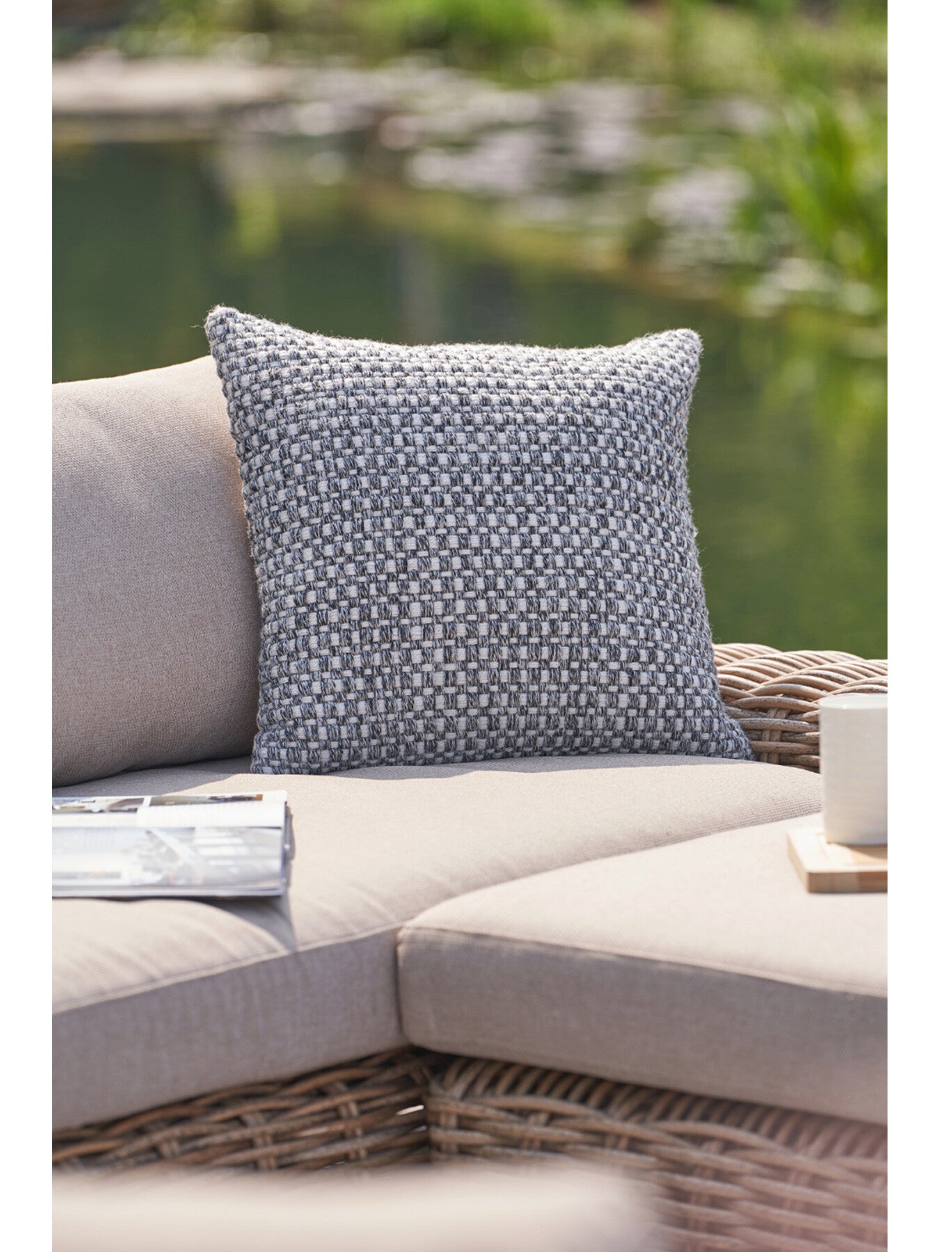Indoor Outdoor Graphite and White Basket Weave Design Scatter Cushion 45cm
