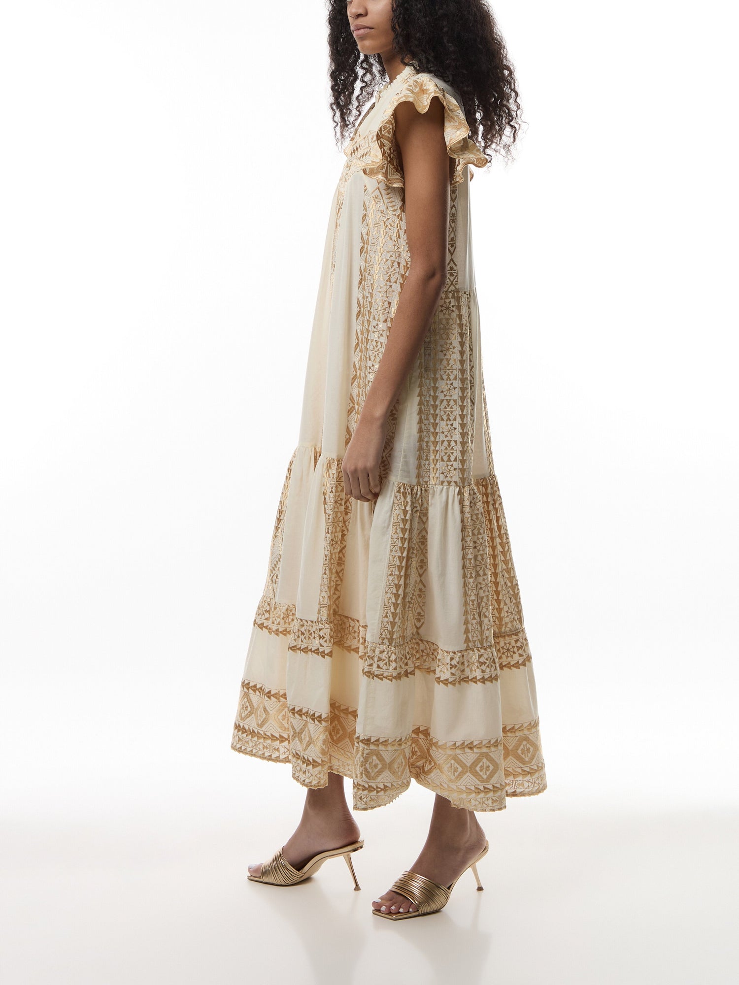 Classic Triangle Frill Cap Slv Round Neck Maxi Dress