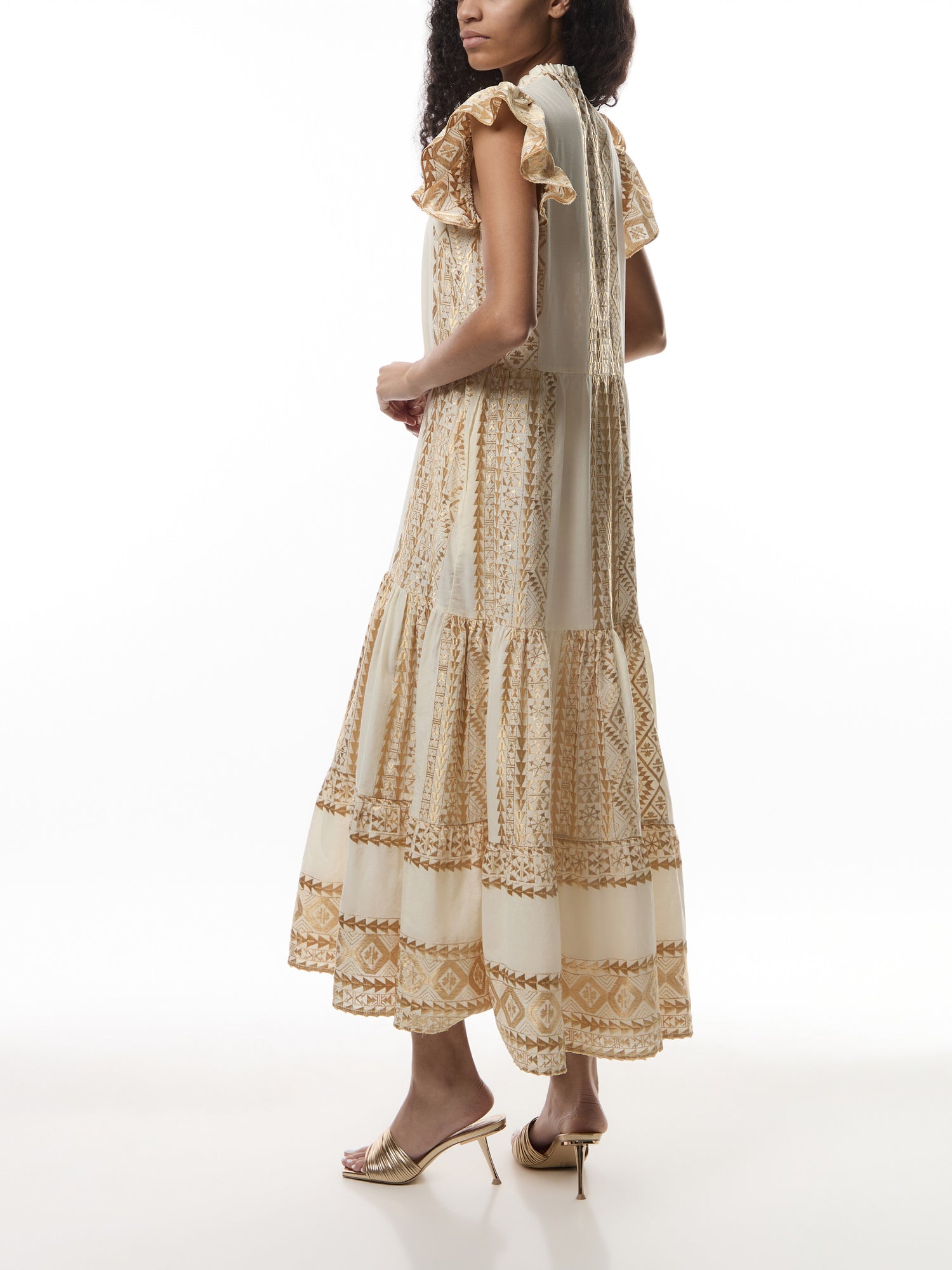 Classic Triangle Frill Cap Slv Round Neck Maxi Dress