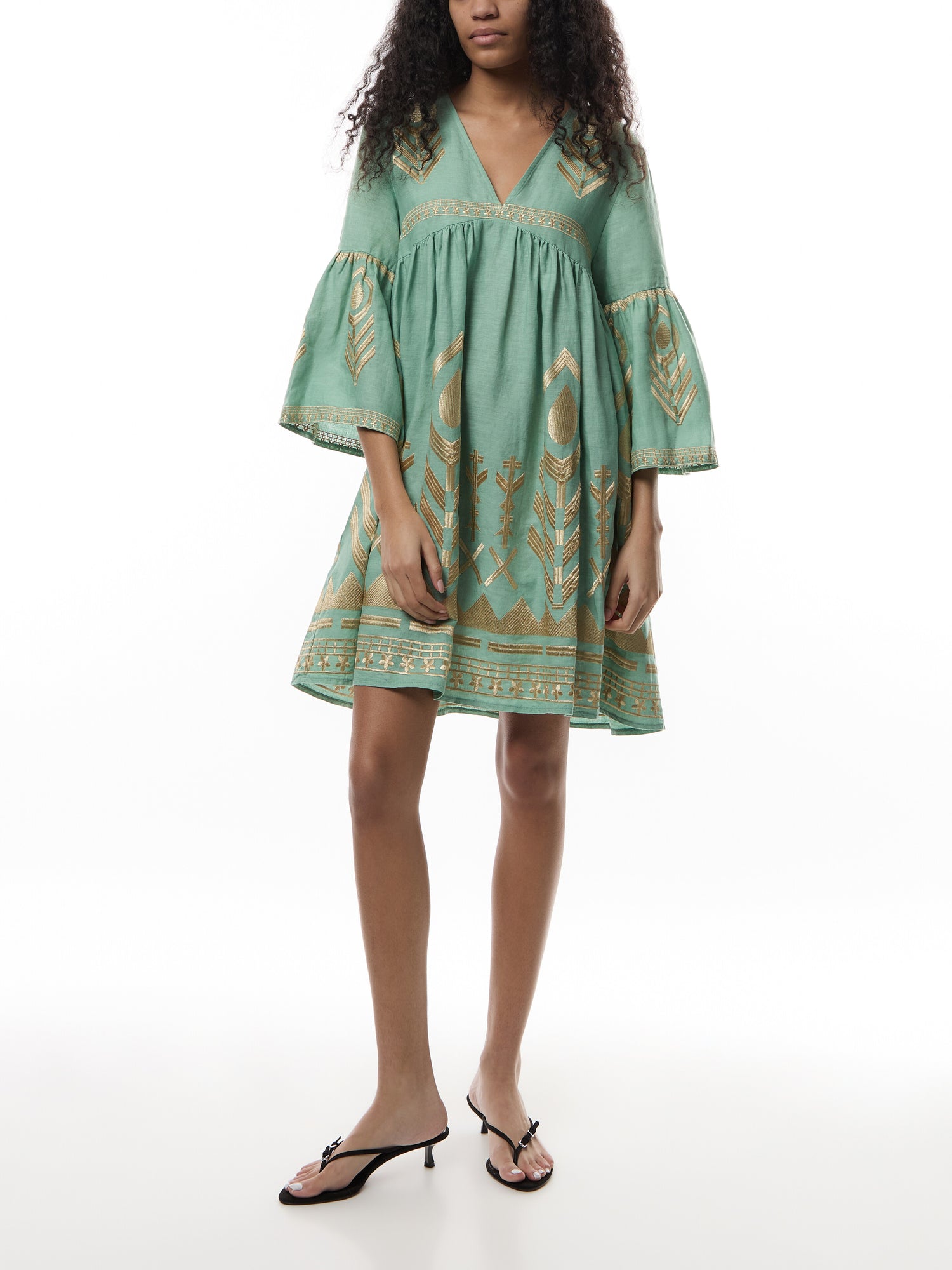 Linen Feather V-Neck Puff Slv Mini Dress