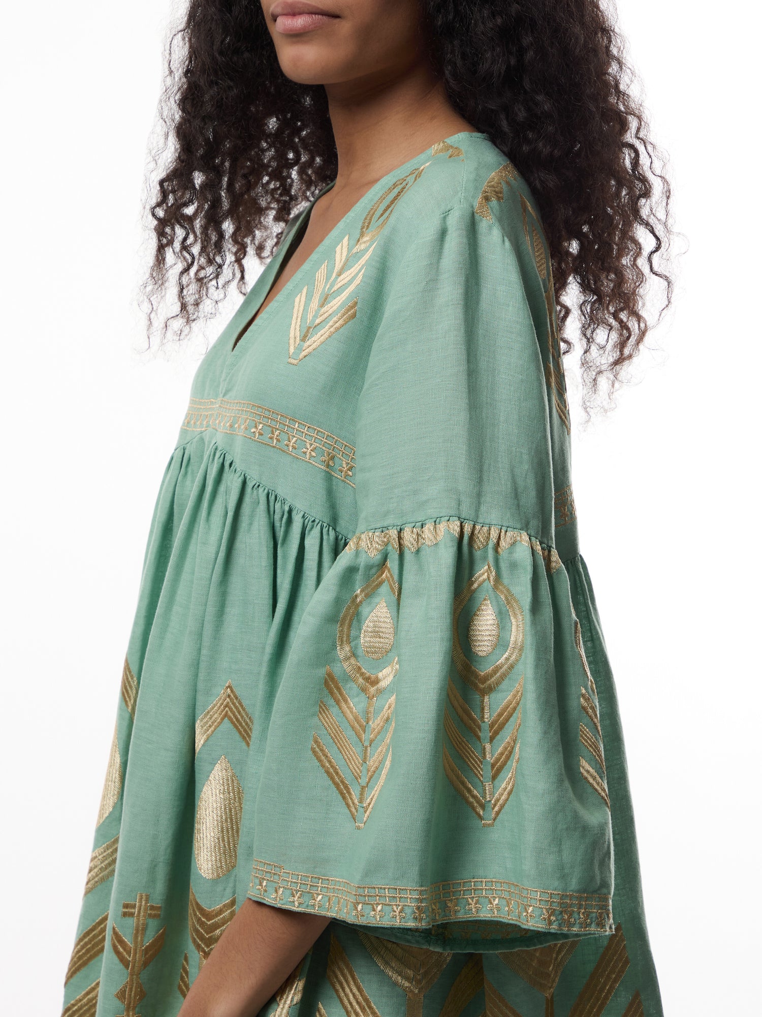 Linen Feather V-Neck Puff Slv Mini Dress