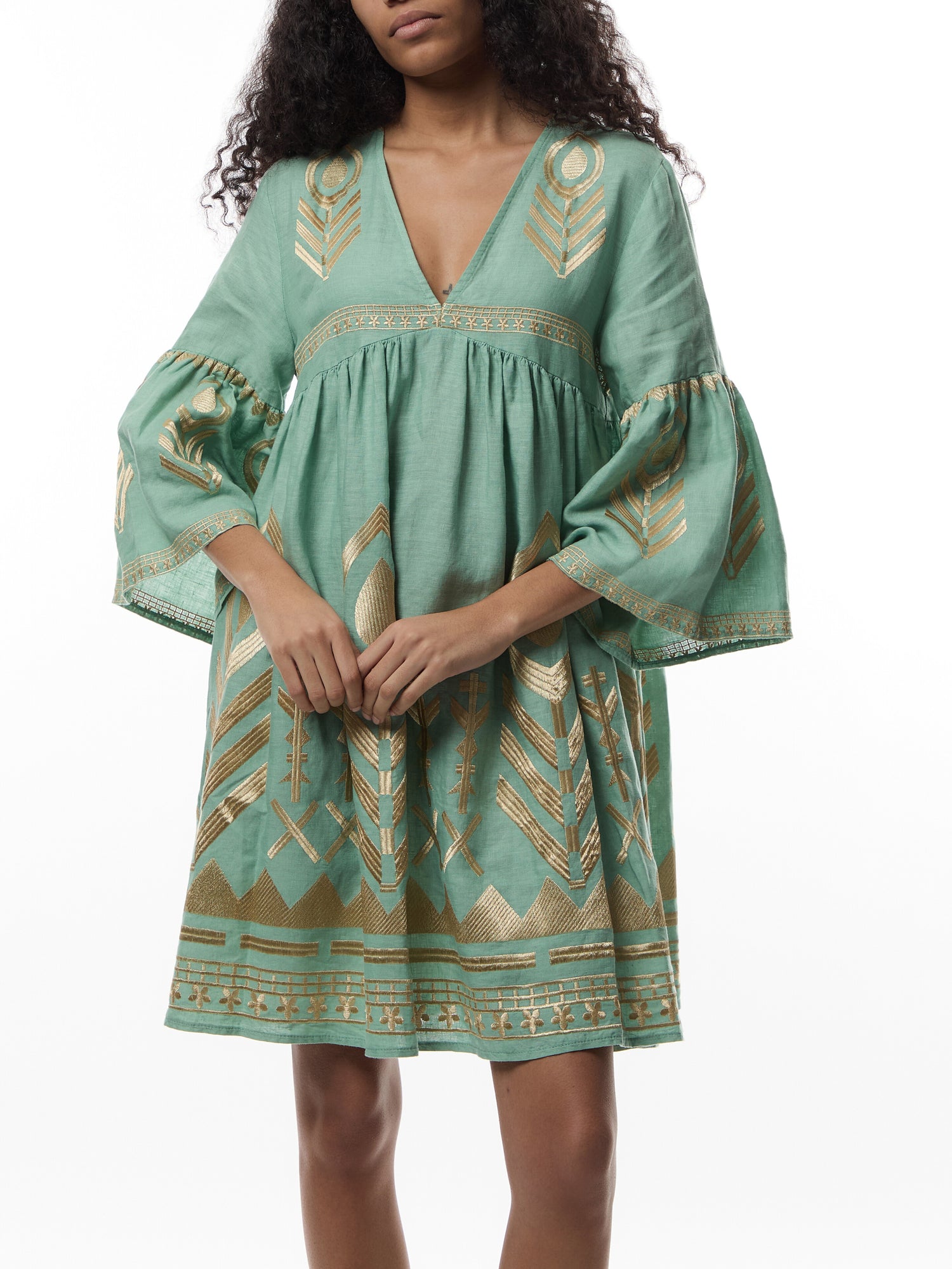 Linen Feather V-Neck Puff Slv Mini Dress