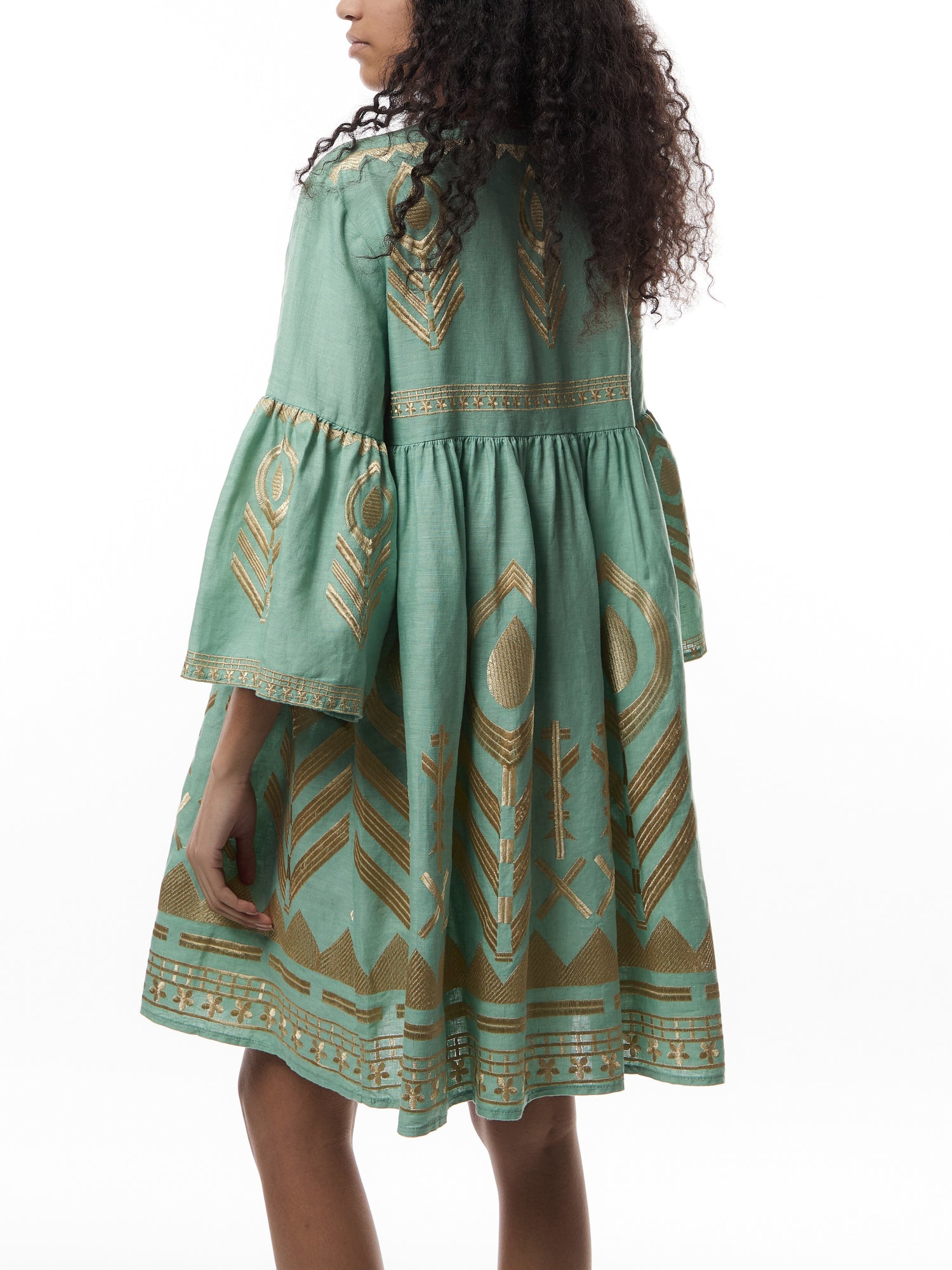 Linen Feather V-Neck Puff Slv Mini Dress