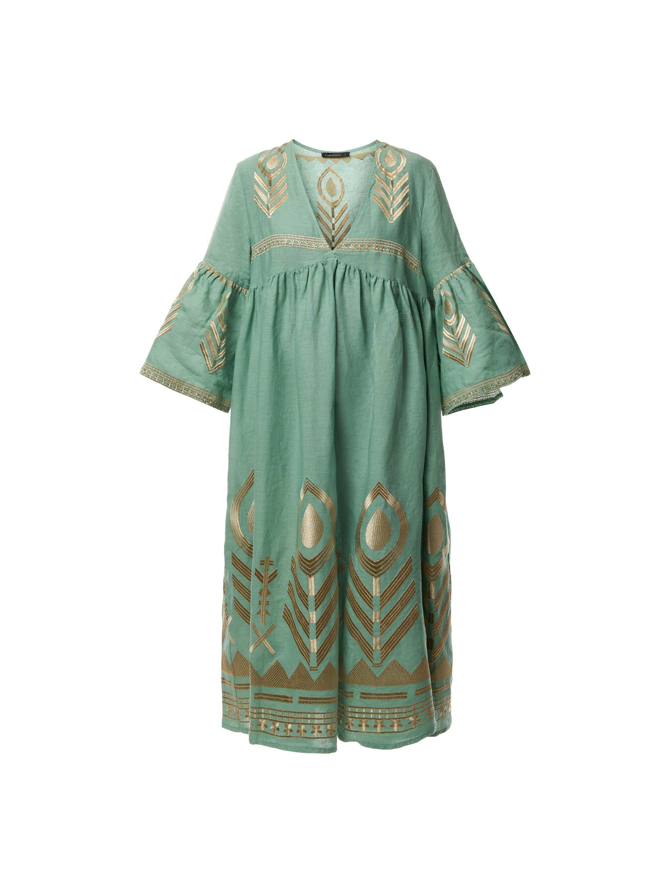 Linen Feather V-Neck Puff Slv Long Midi Dress