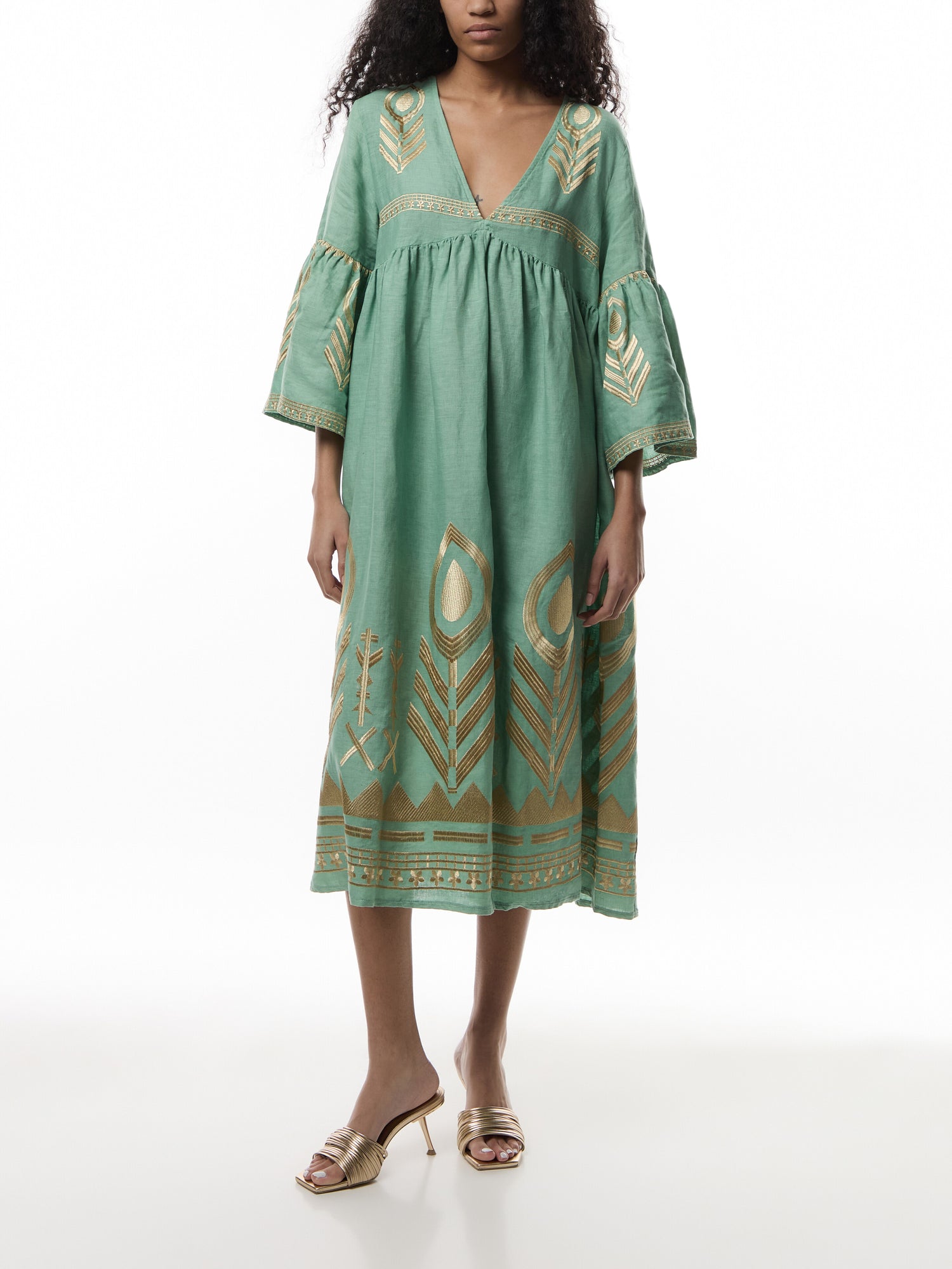 Linen Feather V-Neck Puff Slv Long Midi Dress