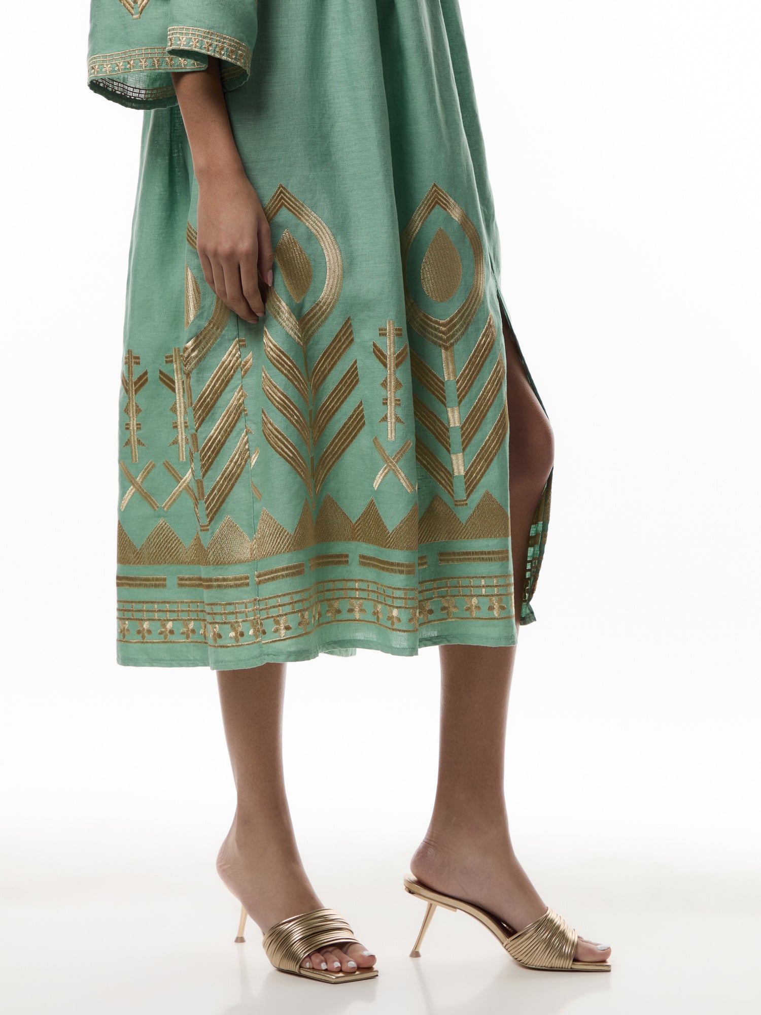 Linen Feather V-Neck Puff Slv Long Midi Dress