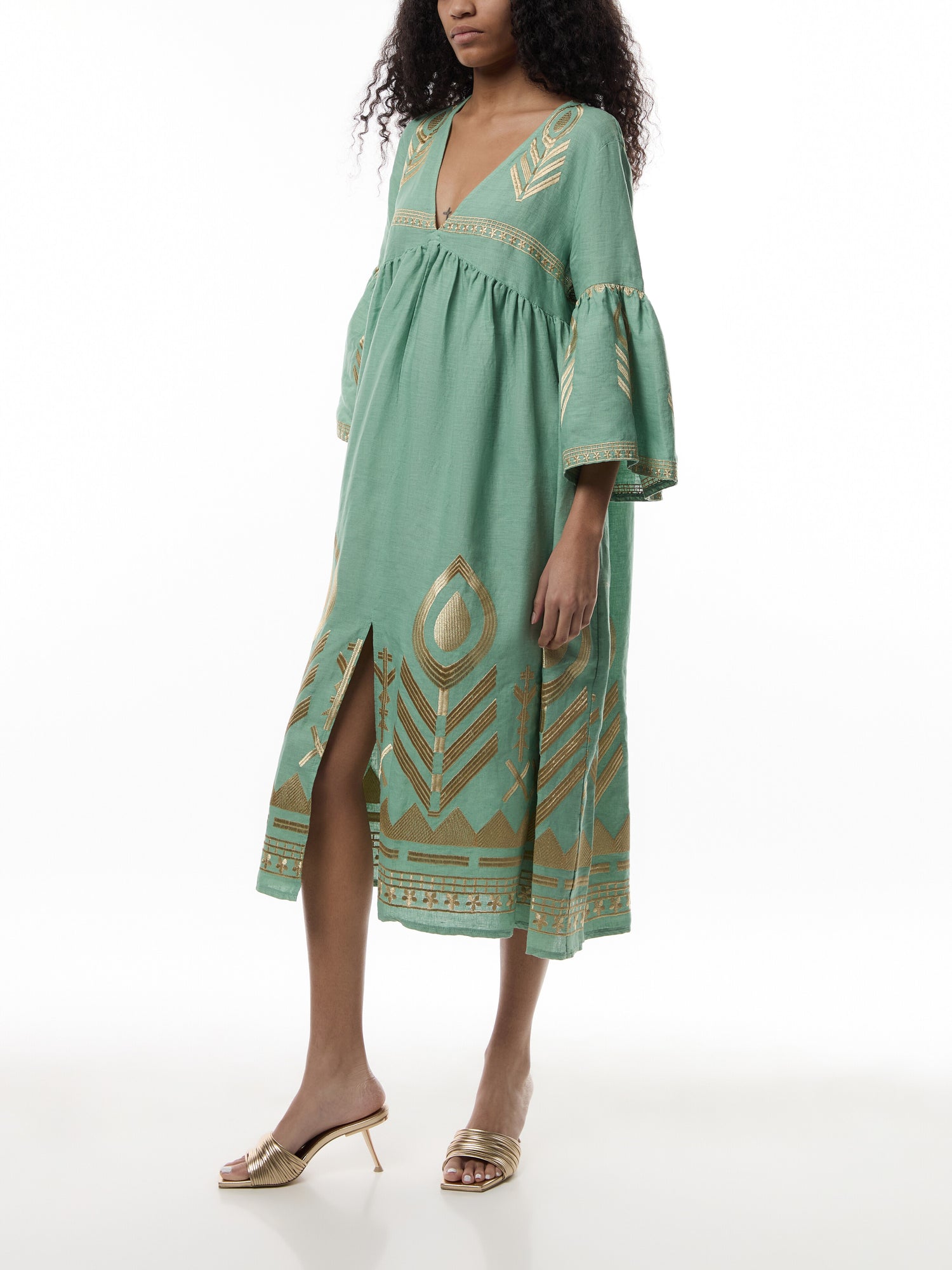 Linen Feather V-Neck Puff Slv Long Midi Dress