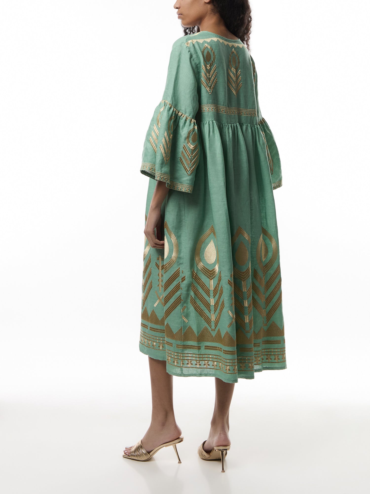 Linen Feather V-Neck Puff Slv Long Midi Dress