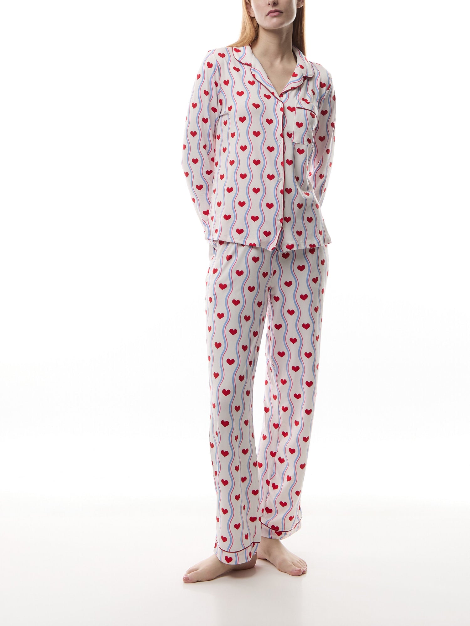 Wavy Stripe Heart Print Long Pyjama Set