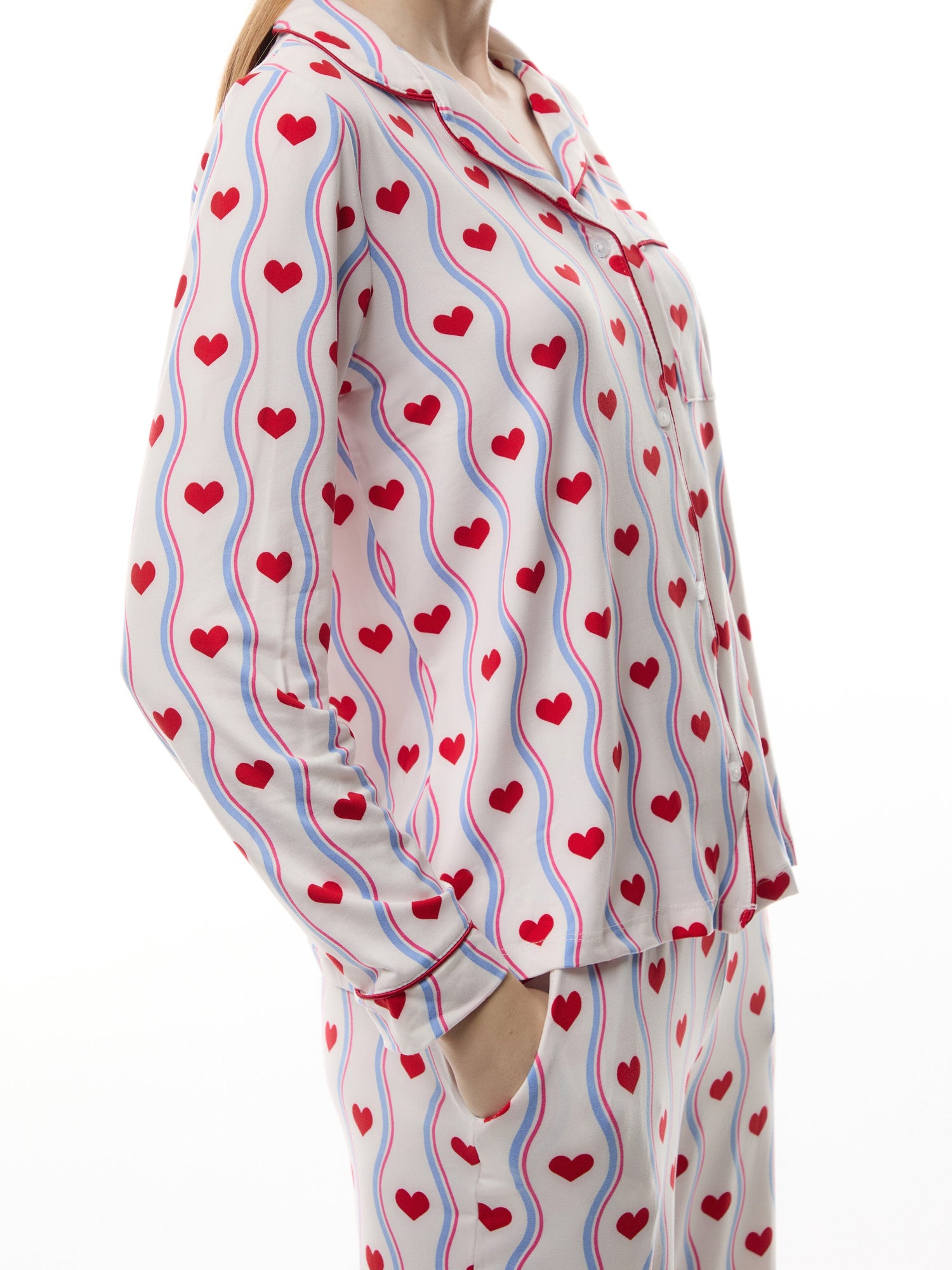 Wavy Stripe Heart Print Long Pyjama Set