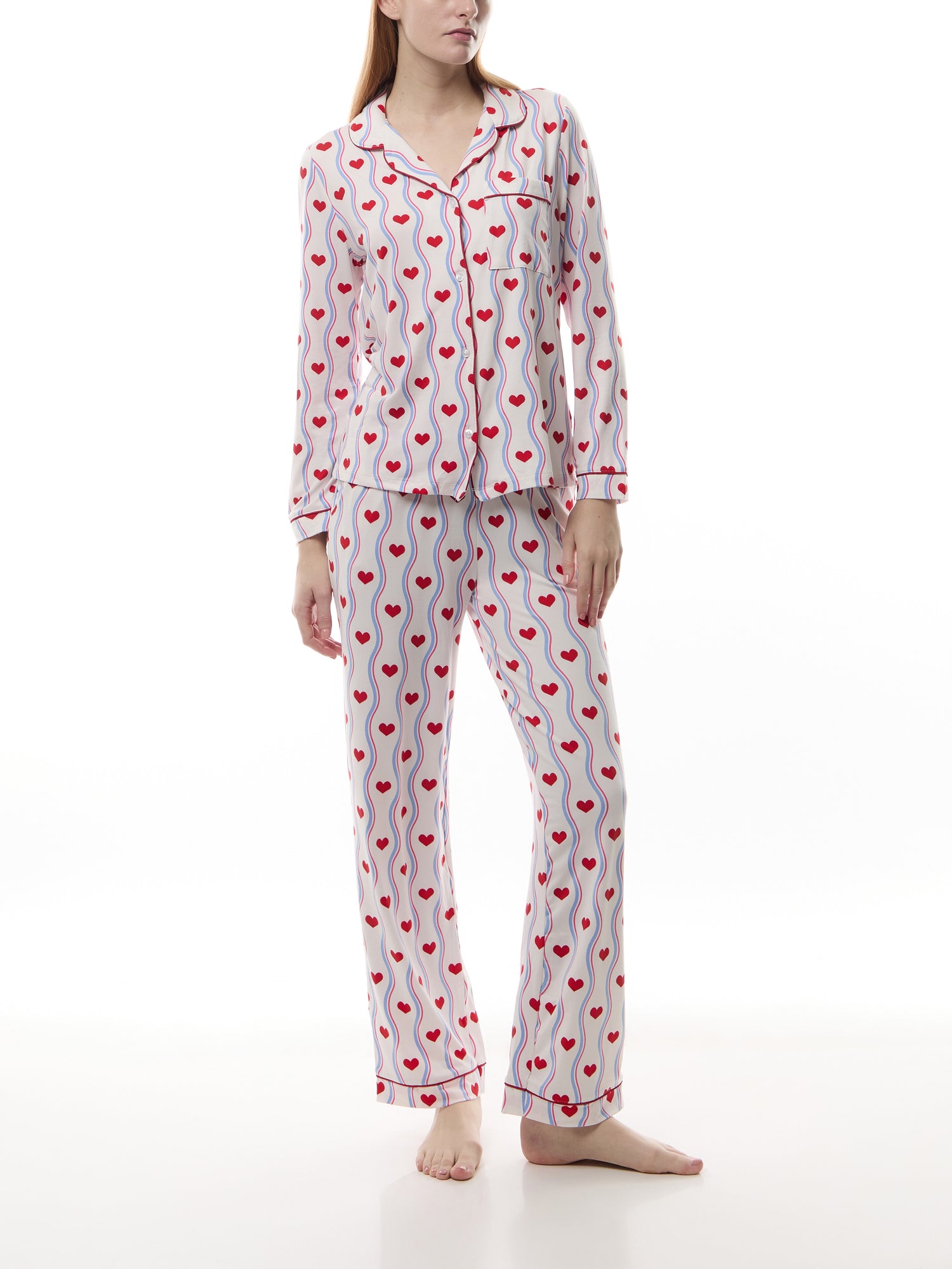 Wavy Stripe Heart Print Long Pyjama Set