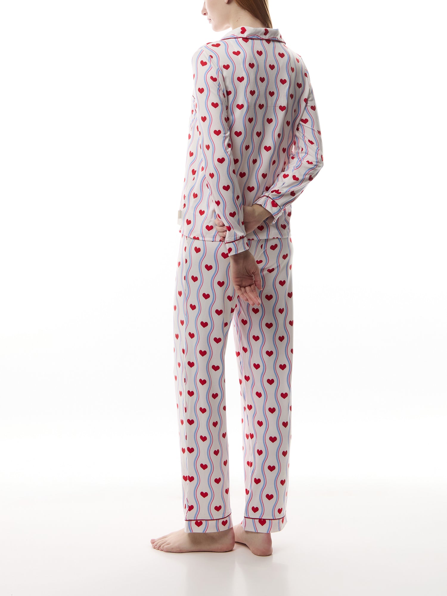 Wavy Stripe Heart Print Long Pyjama Set