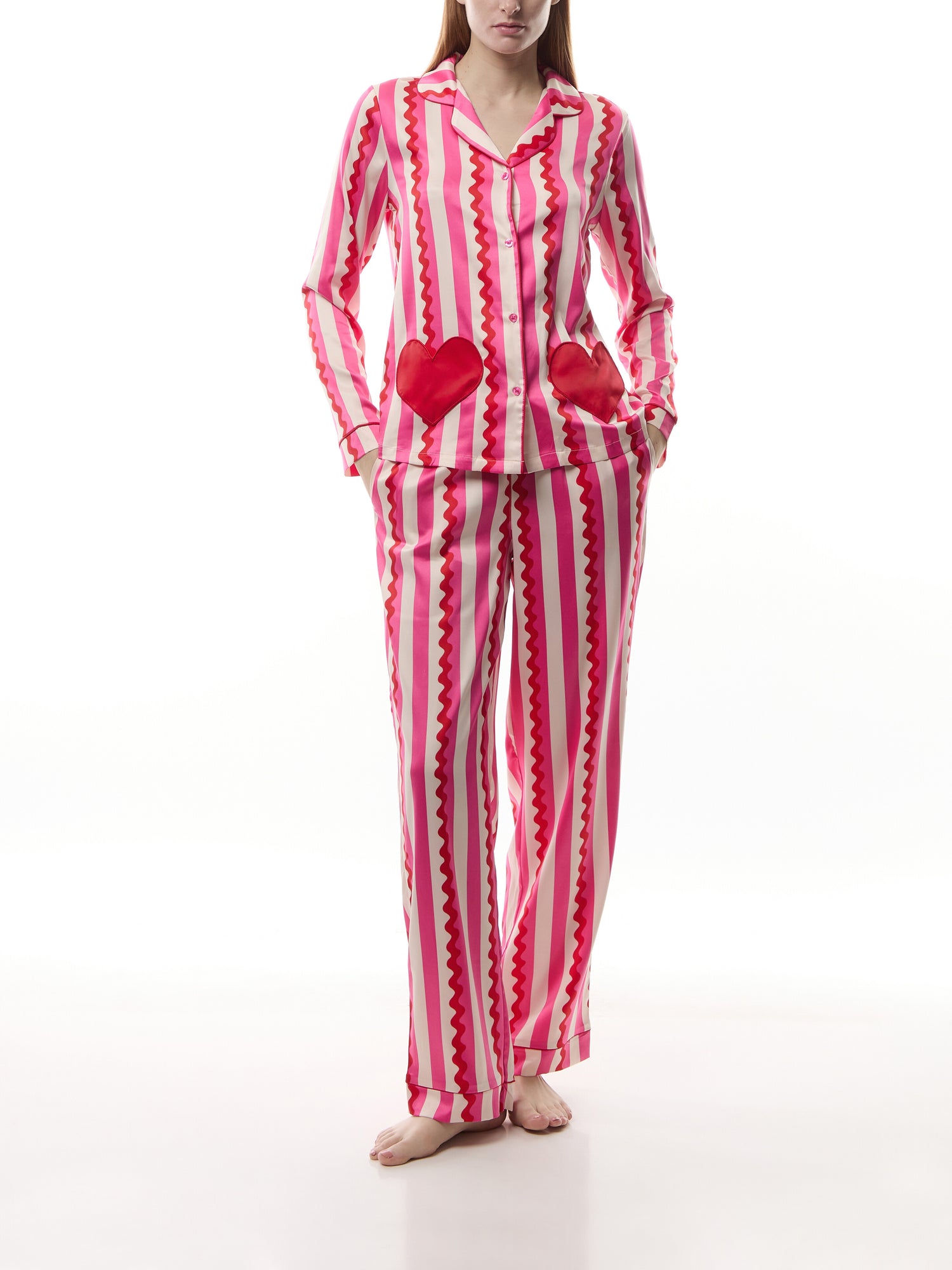 Satin Heart Pocket Striped Long Pyjama Set