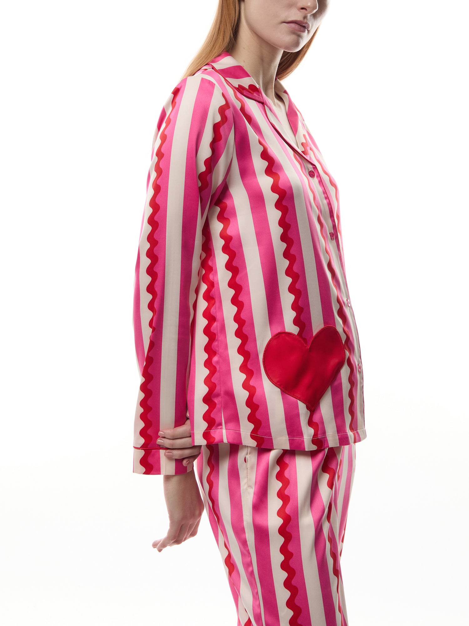 Satin Heart Pocket Striped Long Pyjama Set
