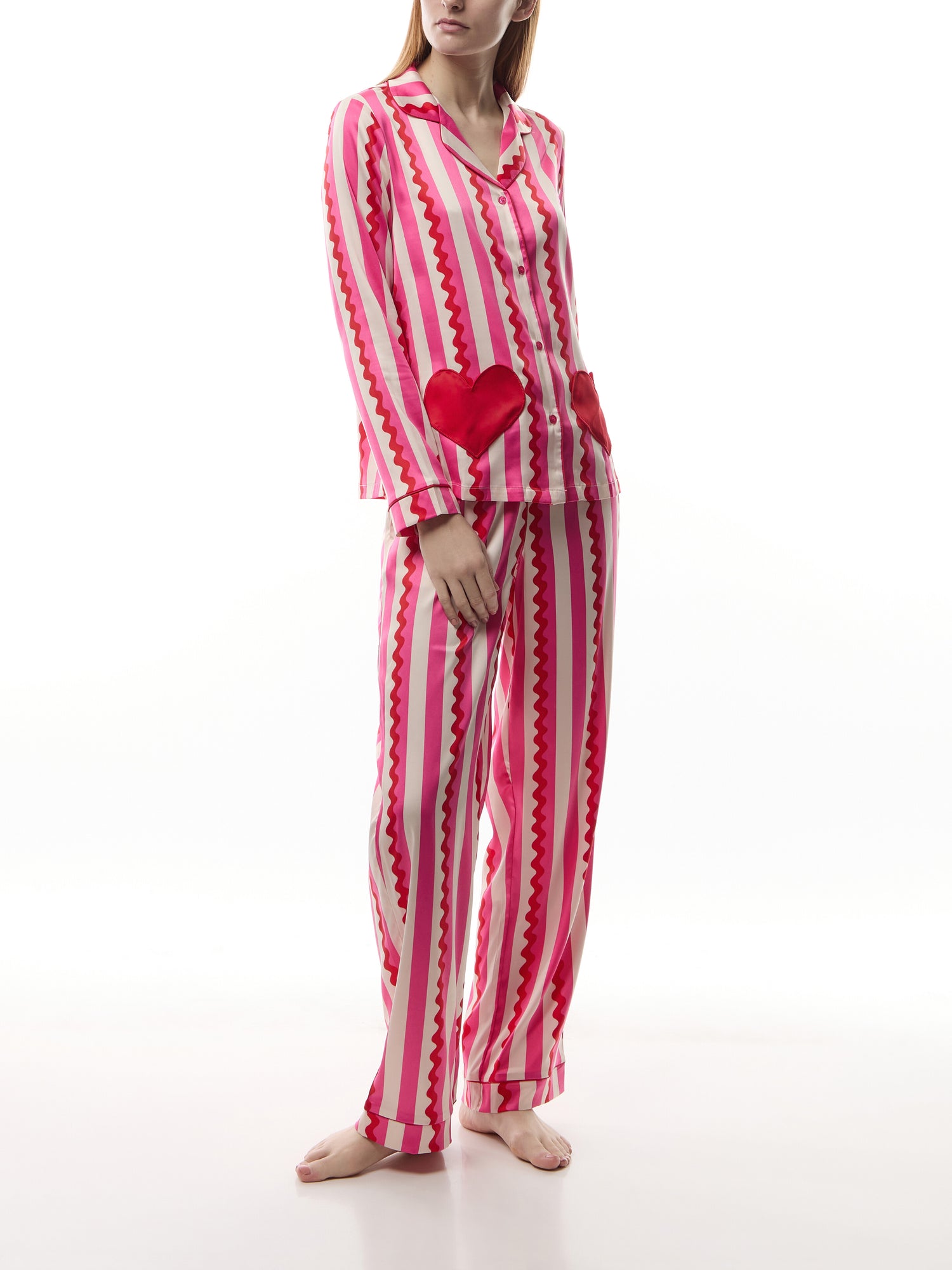Satin Heart Pocket Striped Long Pyjama Set